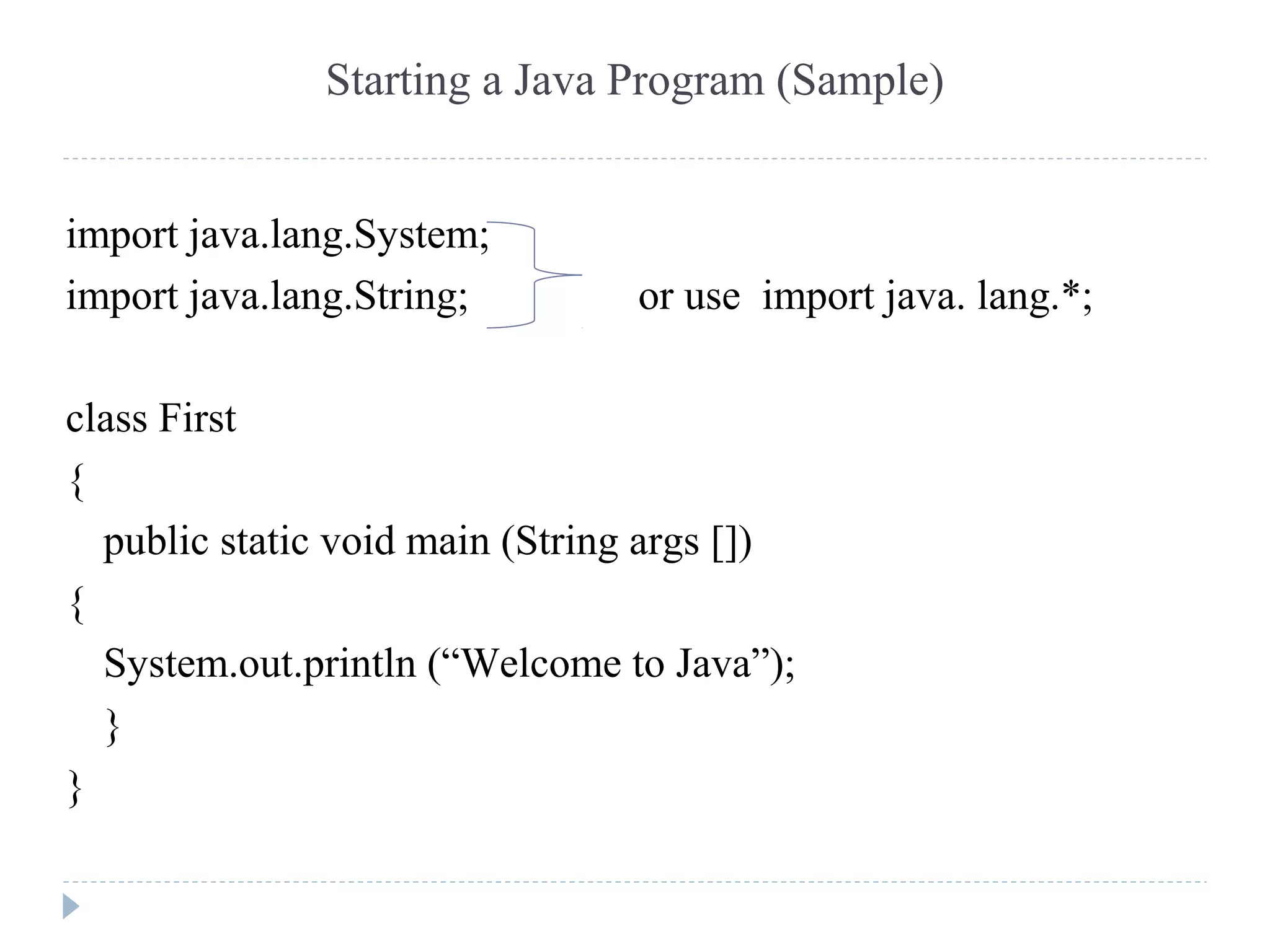 Starting a Java Program (Sample)
import java.lang.System;
import java.lang.String; or use import java. lang.*;
class First
{
public static void main (String args [])
{
System.out.println (“Welcome to Java”);
}
}
 