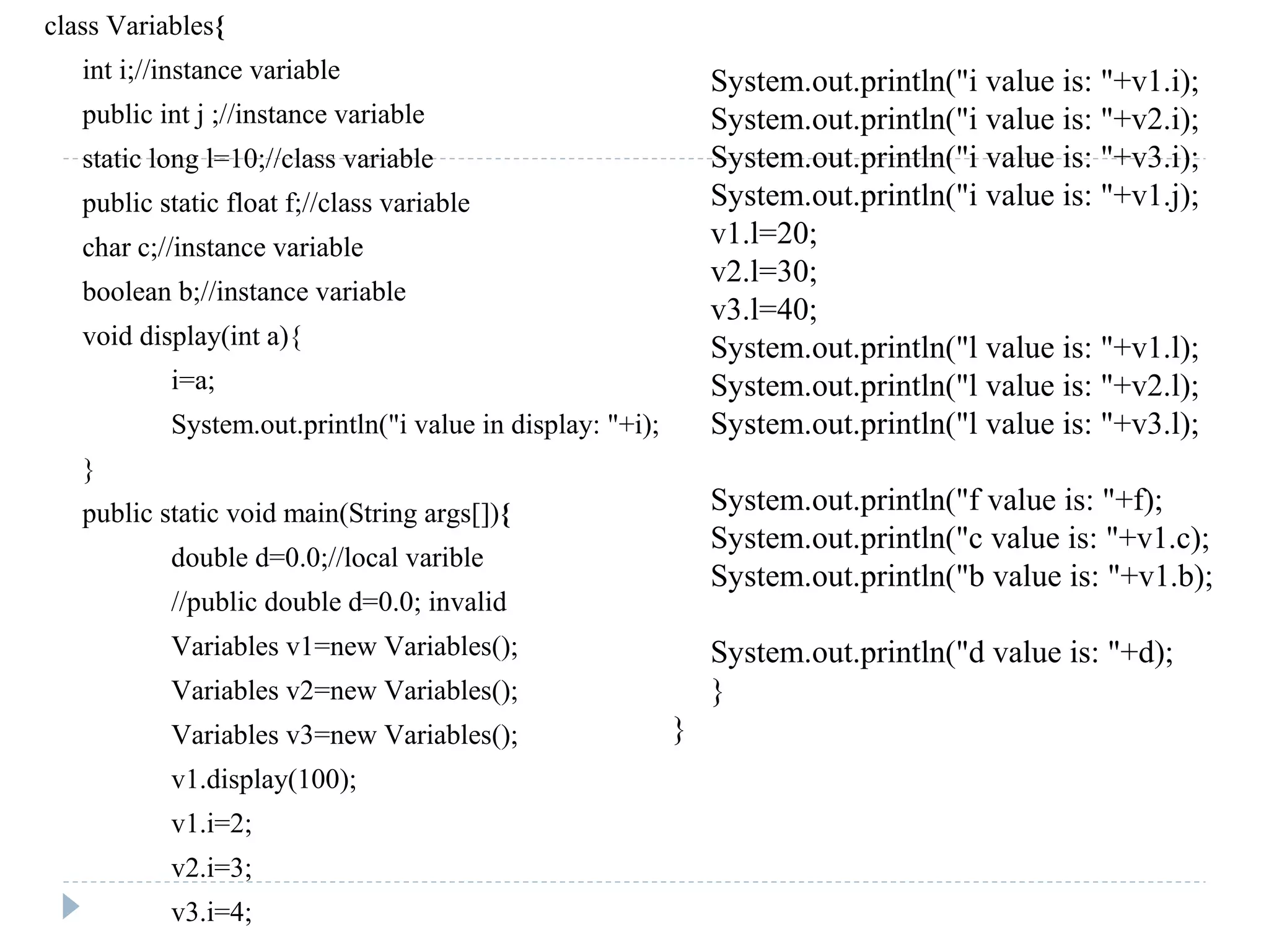 class Variables{
int i;//instance variable
public int j ;//instance variable
static long l=10;//class variable
public static float f;//class variable
char c;//instance variable
boolean b;//instance variable
void display(int a){
i=a;
System.out.println("i value in display: "+i);
}
public static void main(String args[]){
double d=0.0;//local varible
//public double d=0.0; invalid
Variables v1=new Variables();
Variables v2=new Variables();
Variables v3=new Variables();
v1.display(100);
v1.i=2;
v2.i=3;
v3.i=4;
System.out.println("i value is: "+v1.i);
System.out.println("i value is: "+v2.i);
System.out.println("i value is: "+v3.i);
System.out.println("i value is: "+v1.j);
v1.l=20;
v2.l=30;
v3.l=40;
System.out.println("l value is: "+v1.l);
System.out.println("l value is: "+v2.l);
System.out.println("l value is: "+v3.l);
System.out.println("f value is: "+f);
System.out.println("c value is: "+v1.c);
System.out.println("b value is: "+v1.b);
System.out.println("d value is: "+d);
}
}
 