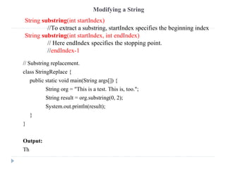 // Demonstrate charAt() and setCharAt().
class setCharAtDemo {
public static void main(String args[]) {
StringBuffer sb = ...