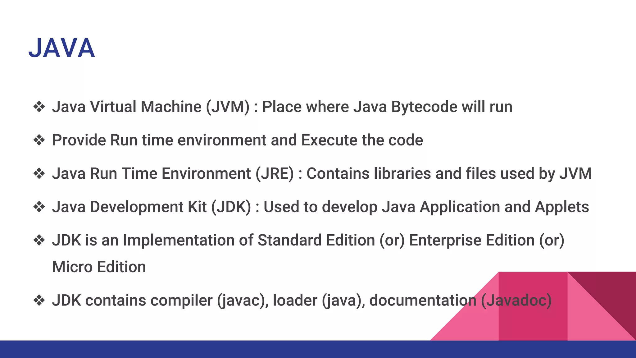 JAVA
❖ Java Virtual Machine (JVM) : Place where Java Bytecode will run
❖ Provide Run time environment and Execute the code
❖ Java Run Time Environment (JRE) : Contains libraries and files used by JVM
❖ Java Development Kit (JDK) : Used to develop Java Application and Applets
❖ JDK is an Implementation of Standard Edition (or) Enterprise Edition (or)
Micro Edition
❖ JDK contains compiler (javac), loader (java), documentation (Javadoc)
 