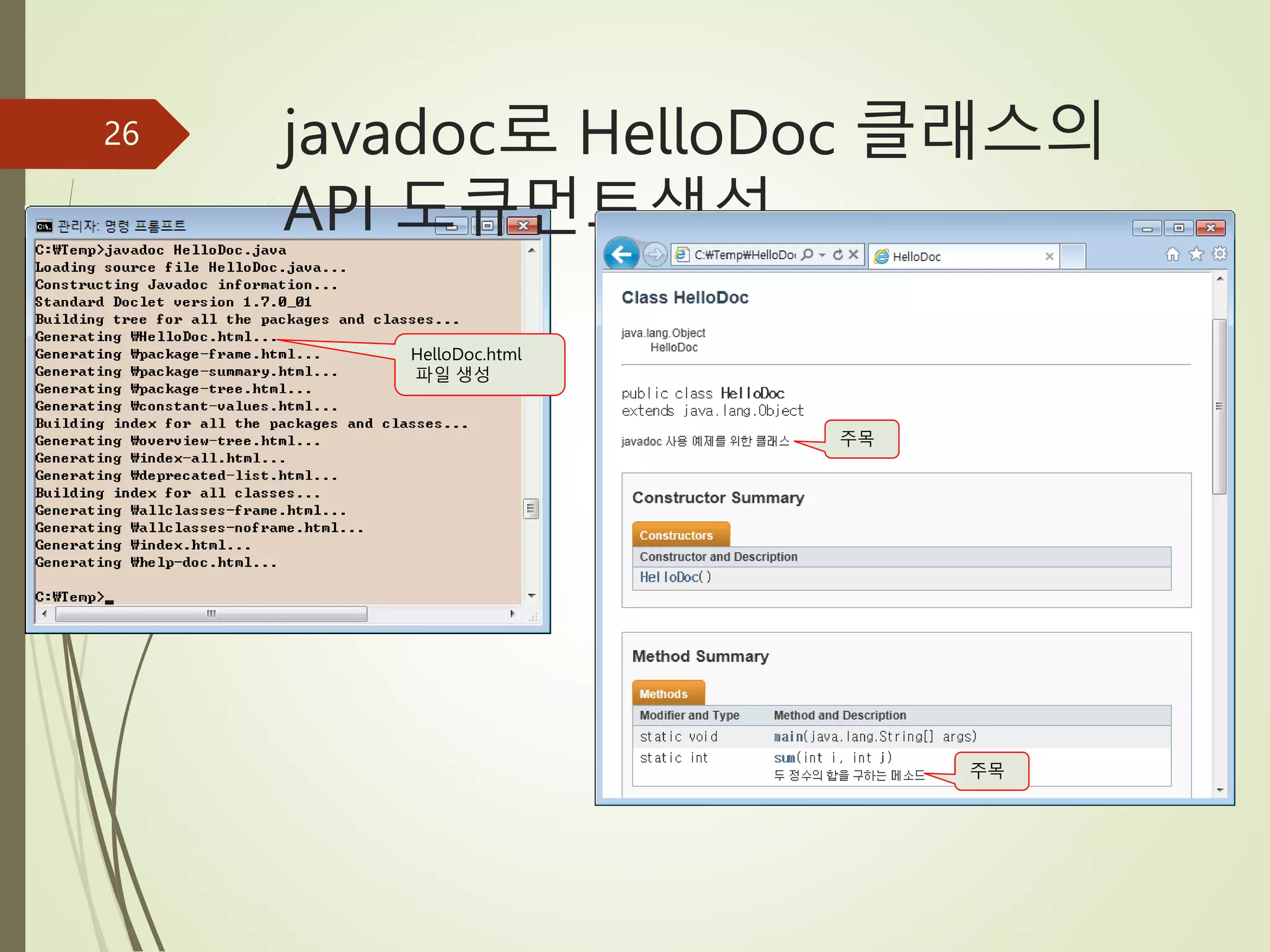 javadoc로 HelloDoc 클래스의
API 도큐먼트생성
26
HelloDoc.html
파일 생성
주목
주목
 