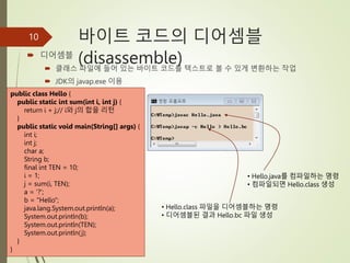 바이트 코드의 디어셈블
(disassemble)
 디어셈블
 클래스 파일에 들어 있는 바이트 코드를 텍스트로 볼 수 있게 변환하는 작업
 JDK의 javap.exe 이용
10
public class Hello {
public static int sum(int i, int j) {
return i + j;// i와 j의 합을 리턴
}
public static void main(String[] args) {
int i;
int j;
char a;
String b;
final int TEN = 10;
i = 1;
j = sum(i, TEN);
a = '?';
b = "Hello";
java.lang.System.out.println(a);
System.out.println(b);
System.out.println(TEN);
System.out.println(j);
}
}
• Hello.java를 컴파일하는 명령
• 컴파일되면 Hello.class 생성
• Hello.class 파일을 디어셈블하는 명령
• 디어셈블된 결과 Hello.bc 파일 생성
 