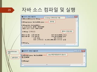 자바 소스 컴파일 및 실행
29
컴파일
클래스 파일 생성
.class 확장자를 붙이지 않는다.
실행 결과
Hello2030.class
실행
C:Temp 디렉터리로 이동
 