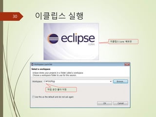 이클립스 실행
30
이클립스 Luna 배포판
작업 공간 폴더 지정
 