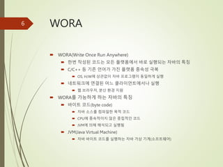 WORA
 WORA(Write Once Run Anywhere)
 한번 작성된 코드는 모든 플랫폼에서 바로 실행되는 자바의 특징
 C/C++ 등 기존 언어가 가진 플랫폼 종속성 극복
 OS, H/W에 상관없이 자바 프로그램이 동일하게 실행
 네트워크에 연결된 어느 클라이언트에서나 실행
 웹 브라우저, 분산 환경 지원
 WORA를 가능하게 하는 자바의 특징
 바이트 코드(byte code)
 자바 소스를 컴파일한 목적 코드
 CPU에 종속적이지 않은 중립적인 코드
 JVM에 의해 해석되고 실행됨
 JVM(Java Virtual Machine)
 자바 바이트 코드를 실행하는 자바 가상 기계(소프트웨어)
6
 