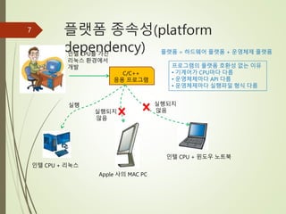 플랫폼 종속성(platform
dependency)
7
인텔 CPU + 리눅스
Apple 사의 MAC PC
C/C++
응용 프로그램
실행
실행되지
않음
실행되지
않음
인텔 CPU를 가진
리눅스 환경에서
개발
플랫폼 = 하드웨어 플랫폼 + 운영체제 플랫폼
프로그램의 플랫폼 호환성 없는 이유
• 기계어가 CPU마다 다름
• 운영체제마다 API 다름
• 운영체제마다 실행파일 형식 다름
인텔 CPU + 윈도우 노트북
 