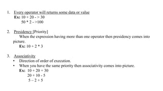 1. Every operator will returns some data or value
Ex: 10 + 20 - > 30
50 * 2 - >100
2. Presidency [Priority]
When the expression having more than one operator then presidency comes into
picture.
Ex: 10 + 2 * 3
3. Associativity
• Direction of order of execution.
• When you have the same priority then associativity comes into picture.
Ex: 10 + 20 + 30
20 + 10 - 5
5 – 2 + 5
 
