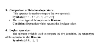 3. Comparison or Relational operators:
This operator is used to compare the two operands.
Symbols: [= = , ! = , > , < , >= ,<=]
• The return type of this operator is Boolean.
Condition: Expression which returns the Boolean value.
4. Logical operators:
The operator which is used to compare the two condition, the return type
of this operator is also Boolean
Symbols: [&& , | | , !]
 