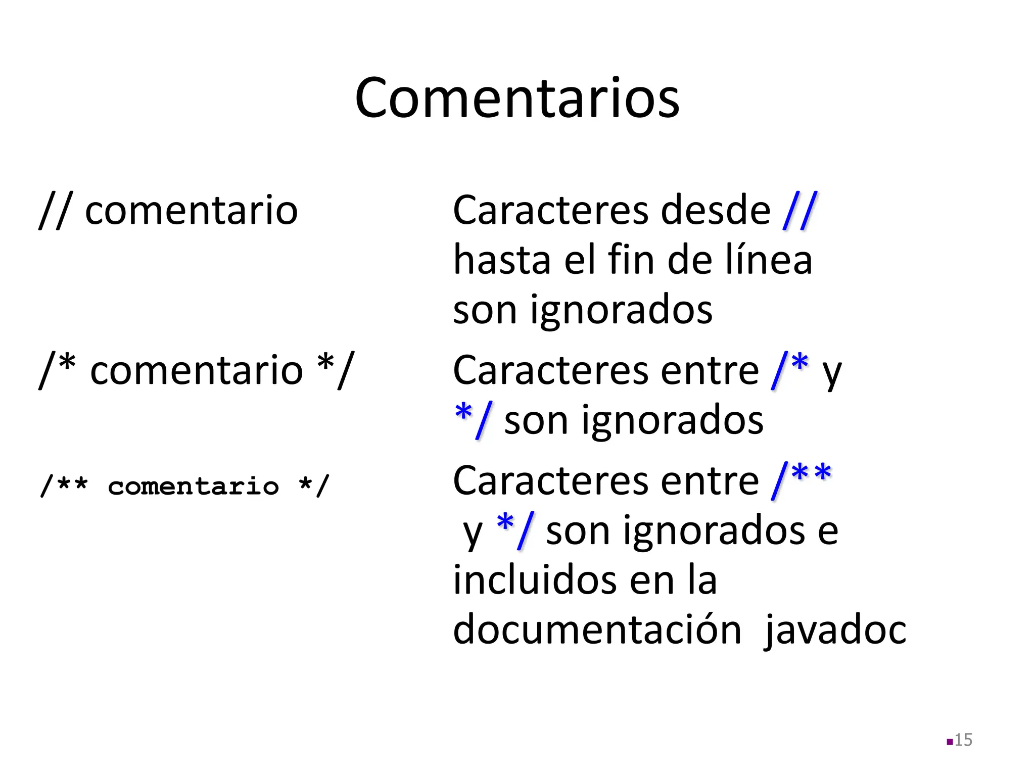 Comentarios
// comentario Caracteres desde //
hasta el fin de línea
son ignorados
/* comentario */ Caracteres entre /* y
*/ son ignorados
/** comentario */ Caracteres entre /**
y */ son ignorados e
incluidos en la
documentación javadoc
15
 
