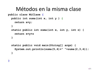 Métodos en la misma clase
36
public class MiClase {
public int suma(int x, int y ) {
return x+y;
}
static public int suma(int x, int y, int z) {
return x+y+z
}
static public void main(String[] args) {
System.out.println(suma(5,4)+” “+suma(2,3,4));
}
}
 