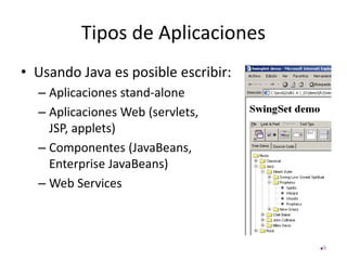 Tipos de Aplicaciones
• Usando Java es posible escribir:
– Aplicaciones stand-alone
– Aplicaciones Web (servlets,
JSP, applets)
– Componentes (JavaBeans,
Enterprise JavaBeans)
– Web Services
9
 