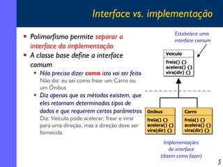 Interface vs. implementação
Estabelece uma
interface comum

Polimorfismo permite separar a
interface da implementação
A classe base define a interface
comum

Veiculo
freia() {}
acelera() {}
vira(dir) {}

Não precisa dizer como isto vai ser feito
Não diz: eu sei como frear um Carro ou
um Ônibus

Diz apenas que os métodos existem, que
eles retornam determinados tipos de
dados e que requerem certos parâmetros
Diz: Veiculo pode acelerar, frear e virar
para uma direção, mas a direção deve ser
fornecida

Onibus

Carro

freia() {}
acelera() {}
vira(dir) {}

freia() {}
acelera() {}
vira(dir) {}

Implementações
da interface
(dizem como fazer)

5

 