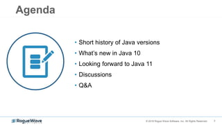 3© 2018 Rogue Wave Software, Inc. All Rights Reserved.
Agenda
• Short history of Java versions
• What’s new in Java 10
• Looking forward to Java 11
• Discussions
• Q&A
 