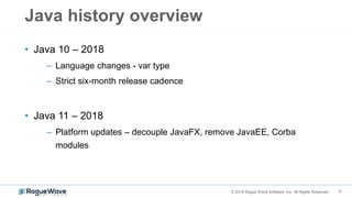 6© 2018 Rogue Wave Software, Inc. All Rights Reserved.
Java history overview
• Java 10 – 2018
– Language changes - var type
– Strict six-month release cadence
• Java 11 – 2018
– Platform updates – decouple JavaFX, remove JavaEE, Corba
modules
 