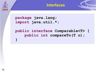 Interfaces package  java.lang; import  java.util.*; public   interface  Comparable<T> { public   int  compareTo(T o); } 