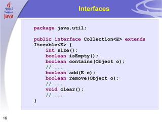Interfaces package  java.util; public   interface  Collection<E>  extends  Iterable<E> { int  size(); boolean  isEmpty(); boolean  contains(Object o); // ... boolean  add(E e); boolean  remove(Object o); // ... void  clear(); // ... } 