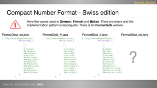 Java 12 - CAFE BABE 0000 0038
Compact Number Format - Swiss edition
Unicode Standard
{ "long.CompactNumberPatterns",
new String[] {
"",
"",
"",
"0 Tausend",
"00 Tausend",
"000 Tausend",
"0 Million",
"00 Millionen",
"000 Millionen",
"0 Milliarde",
"00 Milliarden",
"000 Milliarden",
"0 Billion",
"00 Billionen",
"000 Billionen",
}
},
FormatData_de.java FormatData_fr.java
{ "long.CompactNumberPatterns",
new String[] {
"",
"",
"",
"0 millier",
"00 mille",
"000 mille",
"0 million",
"00 million",
"000 million",
"0 milliard",
"00 milliard",
"000 milliard",
"0 billion",
"00 billion",
"000 billion",
}
},
{ "long.CompactNumberPatterns",
new String[] {
"",
"",
"",
"0 mille",
"00 mila",
"000 mila",
"0 milione",
"00 milioni",
"000 milioni",
"0 miliardo",
"00 miliardi",
"000 miliardi",
"0 mille miliardi",
"00 mila miliardi",
"000 mila miliardi",
}
},
FormatData_it.java
Here the values used in German, French and Italian. There are errors and the
implementation pattern is inadequate. There is no Rumantsch version.
FormatData_rm.java
?
 