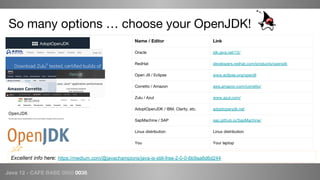 Java 12 - CAFE BABE 0000 0038
So many options … choose your OpenJDK!
Name / Editor Link
Oracle jdk.java.net/12/
RedHat developers.redhat.com/products/openjdk
Open J9 / Eclipse www.eclipse.org/openj9
Corretto / Amazon aws.amazon.com/corretto/
Zulu / Azul www.azul.com/
AdoptOpenJDK / IBM, Clarity, etc. adoptopenjdk.net
SapMachine / SAP sap.github.io/SapMachine/
Linux distribution Linux distribution
You Your laptop
Excellent info here: https://medium.com/@javachampions/java-is-still-free-2-0-0-6b9aa8d6d244
 