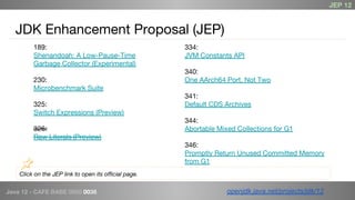 Java 12 - CAFE BABE 0000 0038
JDK Enhancement Proposal (JEP)
189:
Shenandoah: A Low-Pause-Time
Garbage Collector (Experimental)
230:
Microbenchmark Suite
325:
Switch Expressions (Preview)
326:
Raw Literals (Preview)
334:
JVM Constants API
340:
One AArch64 Port, Not Two
341:
Default CDS Archives
344:
Abortable Mixed Collections for G1
346:
Promptly Return Unused Committed Memory
from G1
openjdk.java.net/projects/jdk/12
JEP 12
Click on the JEP link to open its official page.
 