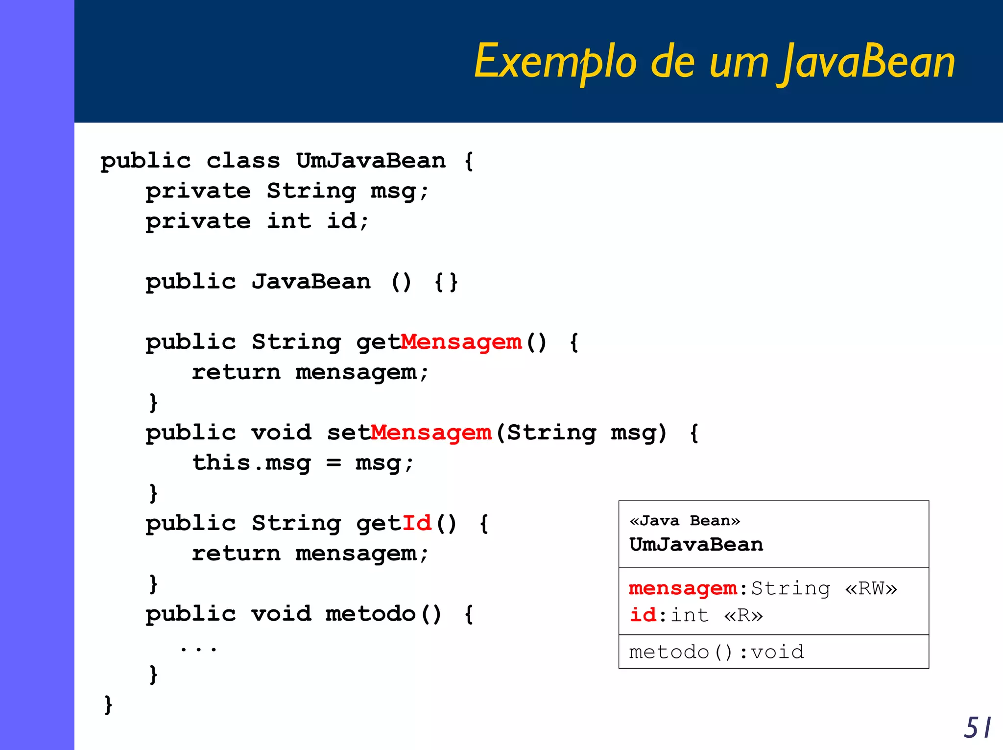 Exemplo de um JavaBean
public class UmJavaBean {
private String msg;
private int id;
public JavaBean () {}
public String getMensagem() {
return mensagem;
}
public void setMensagem(String msg) {
this.msg = msg;
}
«Java Bean»
public String getId() {
UmJavaBean
return mensagem;
}
mensagem:String «RW»
public void metodo() {
id:int «R»
...
metodo():void
}
}

51

 