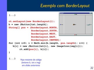 Exemplo com BorderLayout
(...)
ct.setLayout(new BorderLayout());
b = new JButton[txt.length];
String[] pos = {BorderLayout.NORTH,
BorderLayout.SOUTH,
BorderLayout.WEST,
BorderLayout.EAST,
BorderLayout.CENTER};
for (int i=0; i < Math.min(b.length, pos.length); i++) {
b[i] = new JButton(txt[i], new ImageIcon(img[i]));
ct.add(pos[i], b[i]);
}
(...)

Veja restante do código
(vetores b, txt e img)
em slides anteriores

32

 