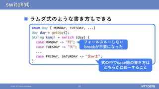 22
&copy; 2021 NTT DATA Corporation
switch式
 ラムダ式のような書き方もできる
enum Day { MONDAY, TUESDAY, ...}
Day day = getDay();
String kanji = switch (day) {
case MONDAY -> "月";
case TUESDAY -> "火";
...
case FRIDAY, SATURDAY -> "金or土";
}
式の中でcase節の書き方は
どちらかに統一すること
フォールスルーしない
breakが不要になった
 