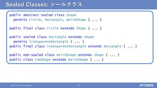 31
© 2021 NTT DATA Corporation
Sealed Classes: シールクラス
public abstract sealed class Shape
permits Circle, Rectangle, WeirdShape { ... }
public final class Circle extends Shape { ... }
public sealed class Rectangle extends Shape
permits TransparentRectangle { ... }
public final class TransparentRectangle extends Rectangle { ... }
public non-sealed class WeirdShape extends Shape { ... }
public class FooShape extends WeirdShape { ... }
 