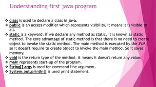 Understanding first java program 
 class is used to declare a class in java. 
 public is an access modifier which represents visibility, it means it is visible to 
all. 
 static is a keyword, if we declare any method as static, it is known as static 
method. The core advantage of static method is that there is no need to create 
object to invoke the static method. The main method is executed by the JVM, 
so it doesn't require to create object to invoke the main method. So it saves 
memory. 
 void is the return type of the method, it means it doesn't return any value. 
 main represents start-up of the program. 
 String[] args is used for command line argument. 
 System.out.println() is used print statement. 
 