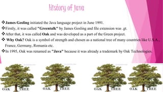 History of java 
James Gosling initiated the Java language project in June 1991. 
Firstly, it was called "Greentalk" by James Gosling and file extension was .gt. 
After that, it was called Oak and was developed as a part of the Green project. 
 Why Oak? Oak is a symbol of strength and chosen as a national tree of many countries like U.S.A., 
France, Germany, Romania etc. 
In 1995, Oak was renamed as "Java" because it was already a trademark by Oak Technologies. 
 
