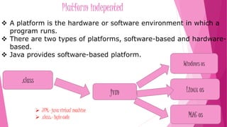Platform indepented 
 A platform is the hardware or software environment in which a 
program runs. 
 There are two types of platforms, software-based and hardware-based. 
 Java provides software-based platform. 
.class 
jvm 
Windows os 
Linux os 
MAC os 
 JVM:- java virtual machine 
 .class:- byte code 
 