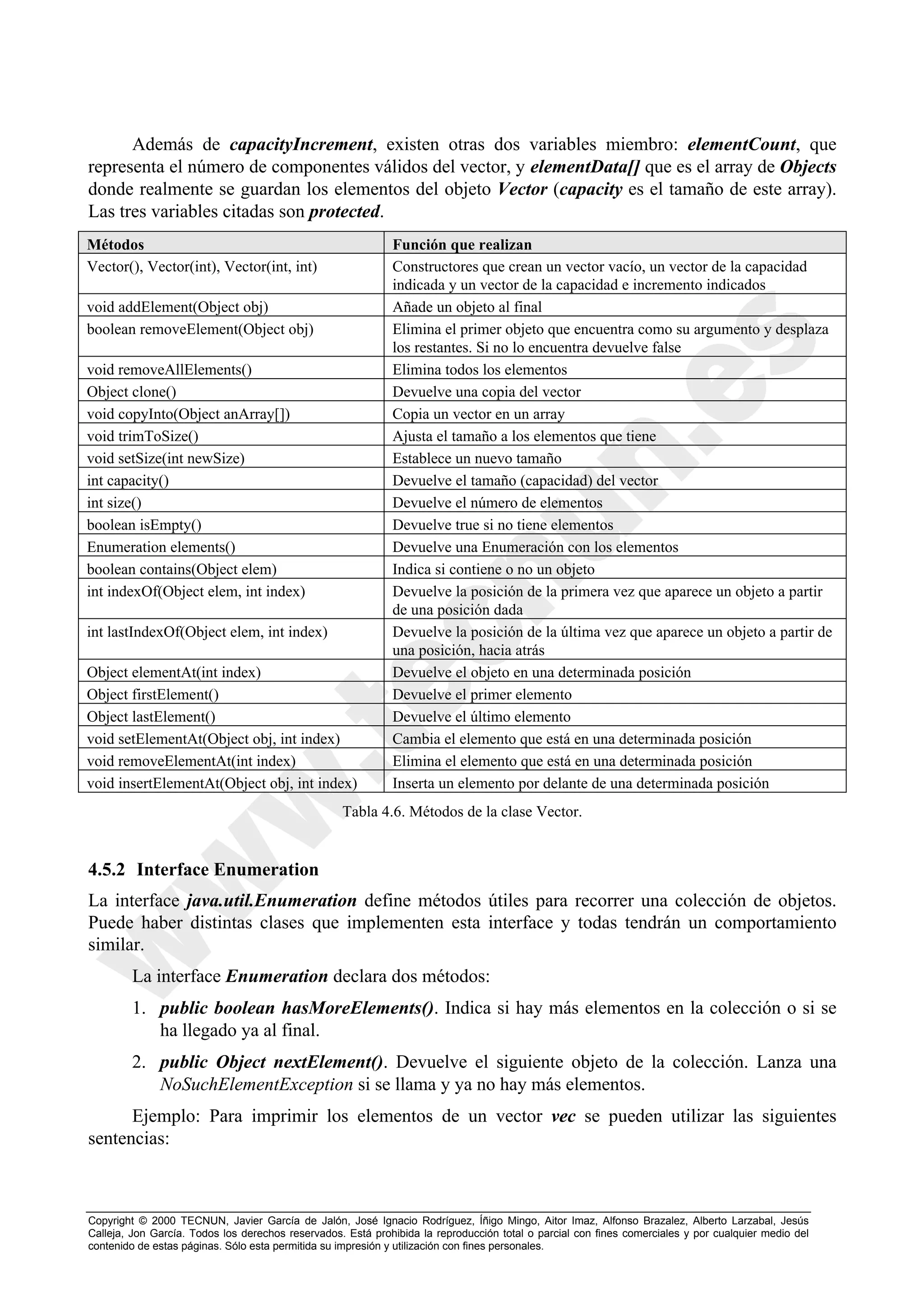 Además de capacityIncrement, existen otras dos variables miembro: elementCount, que
representa el número de componentes válidos del vector, y elementData[] que es el array de Objects
donde realmente se guardan los elementos del objeto Vector (capacity es el tamaño de este array).
Las tres variables citadas son protected.
Métodos                                                      Función que realizan
Vector(), Vector(int), Vector(int, int)                      Constructores que crean un vector vacío, un vector de la capacidad
                                                             indicada y un vector de la capacidad e incremento indicados
void addElement(Object obj)                                  Añade un objeto al final
boolean removeElement(Object obj)                            Elimina el primer objeto que encuentra como su argumento y desplaza
                                                             los restantes. Si no lo encuentra devuelve false
void removeAllElements()                                     Elimina todos los elementos
Object clone()                                               Devuelve una copia del vector
void copyInto(Object anArray[])                              Copia un vector en un array
void trimToSize()                                            Ajusta el tamaño a los elementos que tiene
void setSize(int newSize)                                    Establece un nuevo tamaño
int capacity()                                               Devuelve el tamaño (capacidad) del vector
int size()                                                   Devuelve el número de elementos
boolean isEmpty()                                            Devuelve true si no tiene elementos
Enumeration elements()                                       Devuelve una Enumeración con los elementos
boolean contains(Object elem)                                Indica si contiene o no un objeto
int indexOf(Object elem, int index)                          Devuelve la posición de la primera vez que aparece un objeto a partir
                                                             de una posición dada
int lastIndexOf(Object elem, int index)                      Devuelve la posición de la última vez que aparece un objeto a partir de
                                                             una posición, hacia atrás
Object elementAt(int index)                                  Devuelve el objeto en una determinada posición
Object firstElement()                                        Devuelve el primer elemento
Object lastElement()                                         Devuelve el último elemento
void setElementAt(Object obj, int index)                     Cambia el elemento que está en una determinada posición
void removeElementAt(int index)                              Elimina el elemento que está en una determinada posición
void insertElementAt(Object obj, int index)                  Inserta un elemento por delante de una determinada posición
                                                   Tabla 4.6. Métodos de la clase Vector.


4.5.2 Interface Enumeration
La interface java.util.Enumeration define métodos útiles para recorrer una colección de objetos.
Puede haber distintas clases que implementen esta interface y todas tendrán un comportamiento
similar.
        La interface Enumeration declara dos métodos:
        1. public boolean hasMoreElements(). Indica si hay más elementos en la colección o si se
           ha llegado ya al final.
        2. public Object nextElement(). Devuelve el siguiente objeto de la colección. Lanza una
           NoSuchElementException si se llama y ya no hay más elementos.
      Ejemplo: Para imprimir los elementos de un vector vec se pueden utilizar las siguientes
sentencias:



Copyright © 2000 TECNUN, Javier García de Jalón, José Ignacio Rodríguez, Íñigo Mingo, Aitor Imaz, Alfonso Brazalez, Alberto Larzabal, Jesús
Calleja, Jon García. Todos los derechos reservados. Está prohibida la reproducción total o parcial con fines comerciales y por cualquier medio del
contenido de estas páginas. Sólo esta permitida su impresión y utilización con fines personales.
 