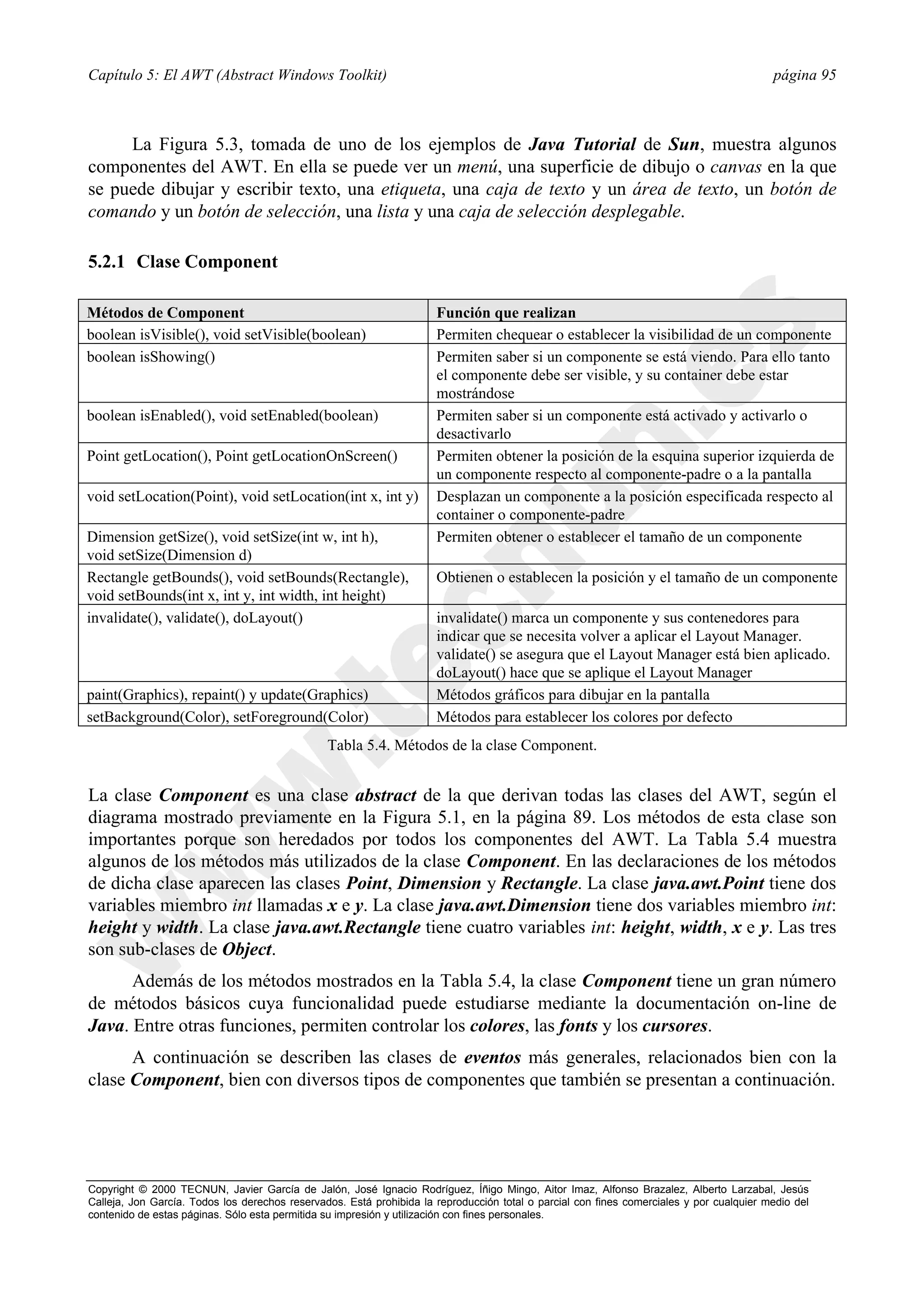 Capítulo 5: El AWT (Abstract Windows Toolkit)                                                                                             página 95



     La Figura 5.3, tomada de uno de los ejemplos de Java Tutorial de Sun, muestra algunos
componentes del AWT. En ella se puede ver un menú, una superficie de dibujo o canvas en la que
se puede dibujar y escribir texto, una etiqueta, una caja de texto y un área de texto, un botón de
comando y un botón de selección, una lista y una caja de selección desplegable.

5.2.1 Clase Component

Métodos de Component                                                  Función que realizan
boolean isVisible(), void setVisible(boolean)                         Permiten chequear o establecer la visibilidad de un componente
boolean isShowing()                                                   Permiten saber si un componente se está viendo. Para ello tanto
                                                                      el componente debe ser visible, y su container debe estar
                                                                      mostrándose
boolean isEnabled(), void setEnabled(boolean)                         Permiten saber si un componente está activado y activarlo o
                                                                      desactivarlo
Point getLocation(), Point getLocationOnScreen()                      Permiten obtener la posición de la esquina superior izquierda de
                                                                      un componente respecto al componente-padre o a la pantalla
void setLocation(Point), void setLocation(int x, int y)               Desplazan un componente a la posición especificada respecto al
                                                                      container o componente-padre
Dimension getSize(), void setSize(int w, int h),                      Permiten obtener o establecer el tamaño de un componente
void setSize(Dimension d)
Rectangle getBounds(), void setBounds(Rectangle),                     Obtienen o establecen la posición y el tamaño de un componente
void setBounds(int x, int y, int width, int height)
invalidate(), validate(), doLayout()                                  invalidate() marca un componente y sus contenedores para
                                                                      indicar que se necesita volver a aplicar el Layout Manager.
                                                                      validate() se asegura que el Layout Manager está bien aplicado.
                                                                      doLayout() hace que se aplique el Layout Manager
paint(Graphics), repaint() y update(Graphics)                         Métodos gráficos para dibujar en la pantalla
setBackground(Color), setForeground(Color)                            Métodos para establecer los colores por defecto
                                                Tabla 5.4. Métodos de la clase Component.


La clase Component es una clase abstract de la que derivan todas las clases del AWT, según el
diagrama mostrado previamente en la Figura 5.1, en la página 89. Los métodos de esta clase son
importantes porque son heredados por todos los componentes del AWT. La Tabla 5.4 muestra
algunos de los métodos más utilizados de la clase Component. En las declaraciones de los métodos
de dicha clase aparecen las clases Point, Dimension y Rectangle. La clase java.awt.Point tiene dos
variables miembro int llamadas x e y. La clase java.awt.Dimension tiene dos variables miembro int:
height y width. La clase java.awt.Rectangle tiene cuatro variables int: height, width, x e y. Las tres
son sub-clases de Object.
      Además de los métodos mostrados en la Tabla 5.4, la clase Component tiene un gran número
de métodos básicos cuya funcionalidad puede estudiarse mediante la documentación on-line de
Java. Entre otras funciones, permiten controlar los colores, las fonts y los cursores.
      A continuación se describen las clases de eventos más generales, relacionados bien con la
clase Component, bien con diversos tipos de componentes que también se presentan a continuación.




Copyright © 2000 TECNUN, Javier García de Jalón, José Ignacio Rodríguez, Íñigo Mingo, Aitor Imaz, Alfonso Brazalez, Alberto Larzabal, Jesús
Calleja, Jon García. Todos los derechos reservados. Está prohibida la reproducción total o parcial con fines comerciales y por cualquier medio del
contenido de estas páginas. Sólo esta permitida su impresión y utilización con fines personales.
 