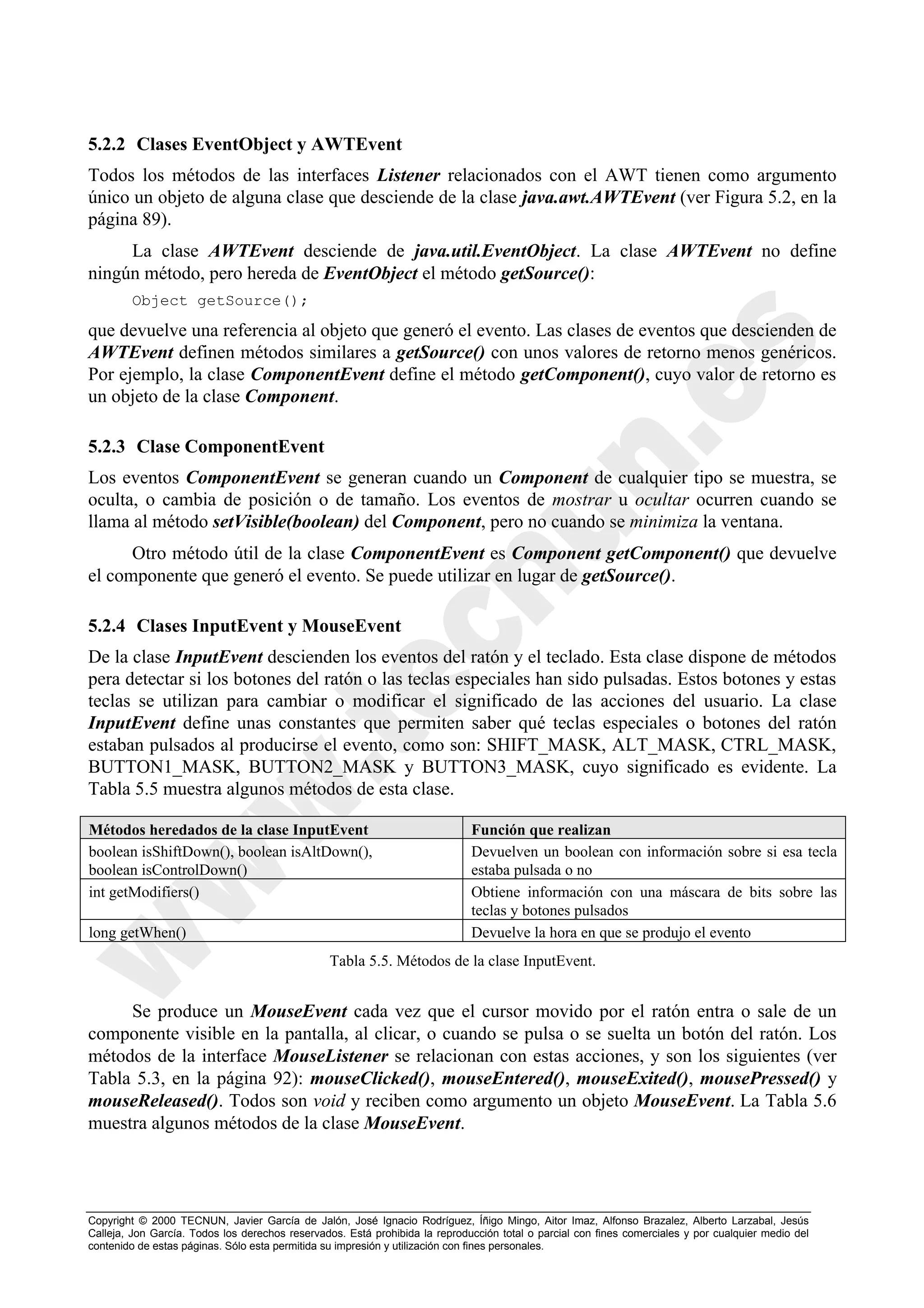 5.2.2 Clases EventObject y AWTEvent
Todos los métodos de las interfaces Listener relacionados con el AWT tienen como argumento
único un objeto de alguna clase que desciende de la clase java.awt.AWTEvent (ver Figura 5.2, en la
página 89).
     La clase AWTEvent desciende de java.util.EventObject. La clase AWTEvent no define
ningún método, pero hereda de EventObject el método getSource():
        Object getSource();

que devuelve una referencia al objeto que generó el evento. Las clases de eventos que descienden de
AWTEvent definen métodos similares a getSource() con unos valores de retorno menos genéricos.
Por ejemplo, la clase ComponentEvent define el método getComponent(), cuyo valor de retorno es
un objeto de la clase Component.

5.2.3 Clase ComponentEvent
Los eventos ComponentEvent se generan cuando un Component de cualquier tipo se muestra, se
oculta, o cambia de posición o de tamaño. Los eventos de mostrar u ocultar ocurren cuando se
llama al método setVisible(boolean) del Component, pero no cuando se minimiza la ventana.
      Otro método útil de la clase ComponentEvent es Component getComponent() que devuelve
el componente que generó el evento. Se puede utilizar en lugar de getSource().

5.2.4 Clases InputEvent y MouseEvent
De la clase InputEvent descienden los eventos del ratón y el teclado. Esta clase dispone de métodos
pera detectar si los botones del ratón o las teclas especiales han sido pulsadas. Estos botones y estas
teclas se utilizan para cambiar o modificar el significado de las acciones del usuario. La clase
InputEvent define unas constantes que permiten saber qué teclas especiales o botones del ratón
estaban pulsados al producirse el evento, como son: SHIFT_MASK, ALT_MASK, CTRL_MASK,
BUTTON1_MASK, BUTTON2_MASK y BUTTON3_MASK, cuyo significado es evidente. La
Tabla 5.5 muestra algunos métodos de esta clase.

Métodos heredados de la clase InputEvent                                     Función que realizan
boolean isShiftDown(), boolean isAltDown(),                                  Devuelven un boolean con información sobre si esa tecla
boolean isControlDown()                                                      estaba pulsada o no
int getModifiers()                                                           Obtiene información con una máscara de bits sobre las
                                                                             teclas y botones pulsados
long getWhen()                                                               Devuelve la hora en que se produjo el evento
                                                Tabla 5.5. Métodos de la clase InputEvent.


     Se produce un MouseEvent cada vez que el cursor movido por el ratón entra o sale de un
componente visible en la pantalla, al clicar, o cuando se pulsa o se suelta un botón del ratón. Los
métodos de la interface MouseListener se relacionan con estas acciones, y son los siguientes (ver
Tabla 5.3, en la página 92): mouseClicked(), mouseEntered(), mouseExited(), mousePressed() y
mouseReleased(). Todos son void y reciben como argumento un objeto MouseEvent. La Tabla 5.6
muestra algunos métodos de la clase MouseEvent.




Copyright © 2000 TECNUN, Javier García de Jalón, José Ignacio Rodríguez, Íñigo Mingo, Aitor Imaz, Alfonso Brazalez, Alberto Larzabal, Jesús
Calleja, Jon García. Todos los derechos reservados. Está prohibida la reproducción total o parcial con fines comerciales y por cualquier medio del
contenido de estas páginas. Sólo esta permitida su impresión y utilización con fines personales.
 