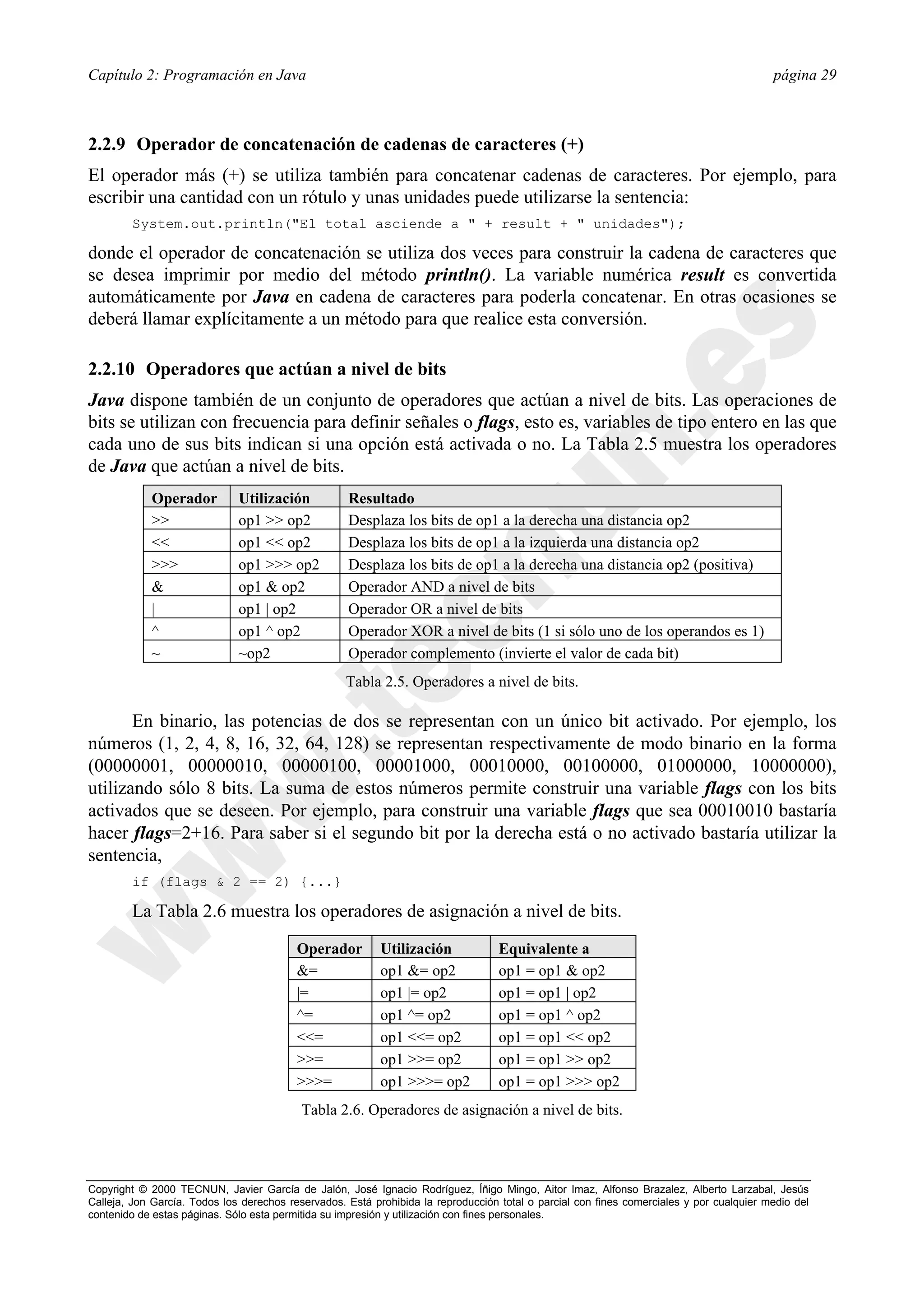 Capítulo 2: Programación en Java                                                                                                          página 29



2.2.9 Operador de concatenación de cadenas de caracteres (+)
El operador más (+) se utiliza también para concatenar cadenas de caracteres. Por ejemplo, para
escribir una cantidad con un rótulo y unas unidades puede utilizarse la sentencia:
        System.out.println("El total asciende a " + result + " unidades");

donde el operador de concatenación se utiliza dos veces para construir la cadena de caracteres que
se desea imprimir por medio del método println(). La variable numérica result es convertida
automáticamente por Java en cadena de caracteres para poderla concatenar. En otras ocasiones se
deberá llamar explícitamente a un método para que realice esta conversión.

2.2.10 Operadores que actúan a nivel de bits
Java dispone también de un conjunto de operadores que actúan a nivel de bits. Las operaciones de
bits se utilizan con frecuencia para definir señales o flags, esto es, variables de tipo entero en las que
cada uno de sus bits indican si una opción está activada o no. La Tabla 2.5 muestra los operadores
de Java que actúan a nivel de bits.
            Operador          Utilización           Resultado
            >>                op1 >> op2            Desplaza los bits de op1 a la derecha una distancia op2
            <<                op1 << op2            Desplaza los bits de op1 a la izquierda una distancia op2
            >>>               op1 >>> op2           Desplaza los bits de op1 a la derecha una distancia op2 (positiva)
            &                 op1 & op2             Operador AND a nivel de bits
            |                 op1 | op2             Operador OR a nivel de bits
            ^                 op1 ^ op2             Operador XOR a nivel de bits (1 si sólo uno de los operandos es 1)
            ~                 ~op2                  Operador complemento (invierte el valor de cada bit)
                                                    Tabla 2.5. Operadores a nivel de bits.

       En binario, las potencias de dos se representan con un único bit activado. Por ejemplo, los
números (1, 2, 4, 8, 16, 32, 64, 128) se representan respectivamente de modo binario en la forma
(00000001, 00000010, 00000100, 00001000, 00010000, 00100000, 01000000, 10000000),
utilizando sólo 8 bits. La suma de estos números permite construir una variable flags con los bits
activados que se deseen. Por ejemplo, para construir una variable flags que sea 00010010 bastaría
hacer flags=2+16. Para saber si el segundo bit por la derecha está o no activado bastaría utilizar la
sentencia,
        if (flags & 2 == 2) {...}

        La Tabla 2.6 muestra los operadores de asignación a nivel de bits.
                                          Operador         Utilización             Equivalente a
                                          &=               op1 &= op2              op1 = op1 & op2
                                          |=               op1 |= op2              op1 = op1 | op2
                                          ^=               op1 ^= op2              op1 = op1 ^ op2
                                          <<=              op1 <<= op2             op1 = op1 << op2
                                          >>=              op1 >>= op2             op1 = op1 >> op2
                                          >>>=             op1 >>>= op2            op1 = op1 >>> op2
                                           Tabla 2.6. Operadores de asignación a nivel de bits.




Copyright © 2000 TECNUN, Javier García de Jalón, José Ignacio Rodríguez, Íñigo Mingo, Aitor Imaz, Alfonso Brazalez, Alberto Larzabal, Jesús
Calleja, Jon García. Todos los derechos reservados. Está prohibida la reproducción total o parcial con fines comerciales y por cualquier medio del
contenido de estas páginas. Sólo esta permitida su impresión y utilización con fines personales.
 