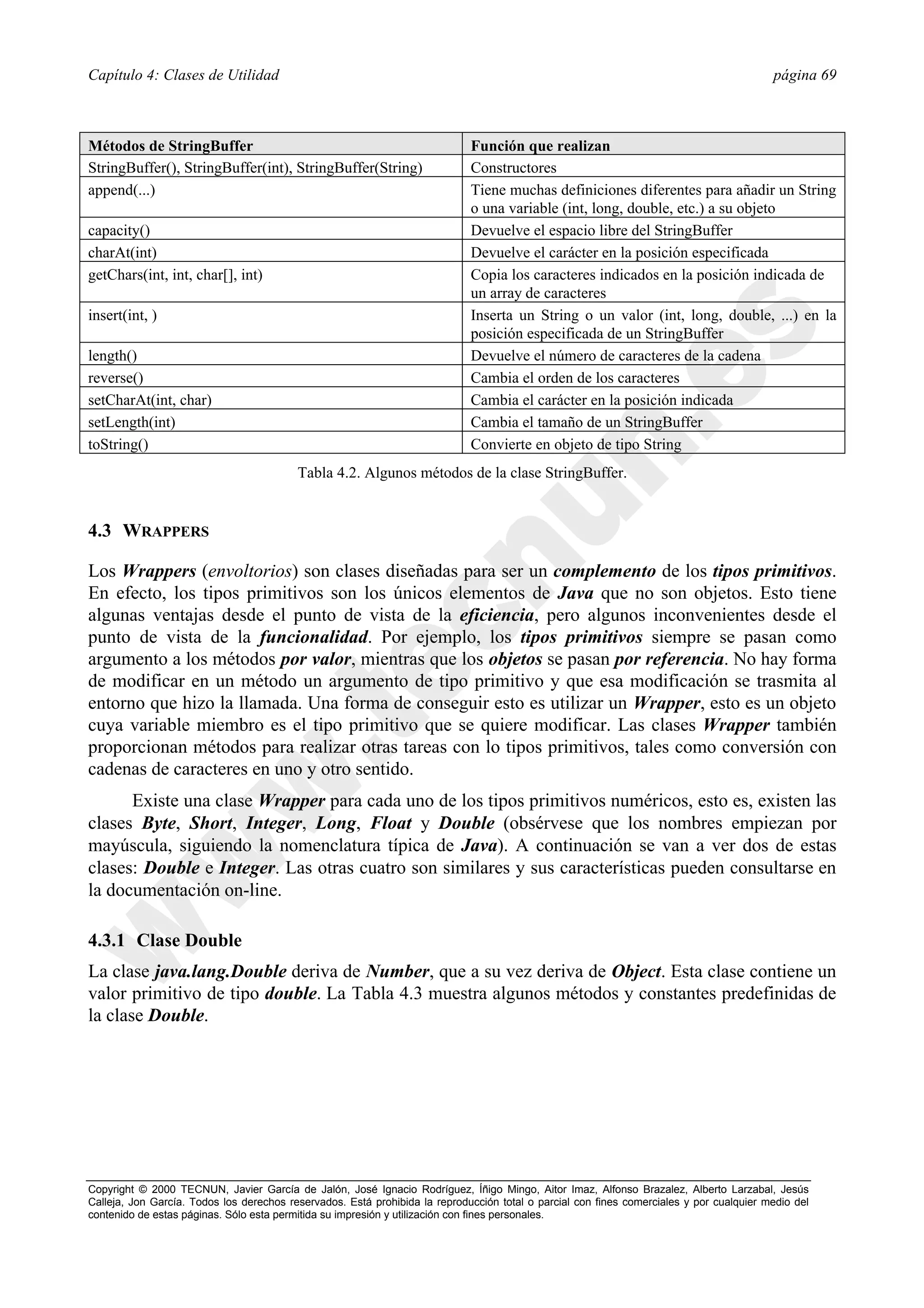 Capítulo 4: Clases de Utilidad                                                                                                            página 69



Métodos de StringBuffer                                                      Función que realizan
StringBuffer(), StringBuffer(int), StringBuffer(String)                      Constructores
append(...)                                                                  Tiene muchas definiciones diferentes para añadir un String
                                                                             o una variable (int, long, double, etc.) a su objeto
capacity()                                                                   Devuelve el espacio libre del StringBuffer
charAt(int)                                                                  Devuelve el carácter en la posición especificada
getChars(int, int, char[], int)                                              Copia los caracteres indicados en la posición indicada de
                                                                             un array de caracteres
insert(int, )                                                                Inserta un String o un valor (int, long, double, ...) en la
                                                                             posición especificada de un StringBuffer
length()                                                                     Devuelve el número de caracteres de la cadena
reverse()                                                                    Cambia el orden de los caracteres
setCharAt(int, char)                                                         Cambia el carácter en la posición indicada
setLength(int)                                                               Cambia el tamaño de un StringBuffer
toString()                                                                   Convierte en objeto de tipo String
                                          Tabla 4.2. Algunos métodos de la clase StringBuffer.


4.3 WRAPPERS

Los Wrappers (envoltorios) son clases diseñadas para ser un complemento de los tipos primitivos.
En efecto, los tipos primitivos son los únicos elementos de Java que no son objetos. Esto tiene
algunas ventajas desde el punto de vista de la eficiencia, pero algunos inconvenientes desde el
punto de vista de la funcionalidad. Por ejemplo, los tipos primitivos siempre se pasan como
argumento a los métodos por valor, mientras que los objetos se pasan por referencia. No hay forma
de modificar en un método un argumento de tipo primitivo y que esa modificación se trasmita al
entorno que hizo la llamada. Una forma de conseguir esto es utilizar un Wrapper, esto es un objeto
cuya variable miembro es el tipo primitivo que se quiere modificar. Las clases Wrapper también
proporcionan métodos para realizar otras tareas con lo tipos primitivos, tales como conversión con
cadenas de caracteres en uno y otro sentido.
      Existe una clase Wrapper para cada uno de los tipos primitivos numéricos, esto es, existen las
clases Byte, Short, Integer, Long, Float y Double (obsérvese que los nombres empiezan por
mayúscula, siguiendo la nomenclatura típica de Java). A continuación se van a ver dos de estas
clases: Double e Integer. Las otras cuatro son similares y sus características pueden consultarse en
la documentación on-line.

4.3.1 Clase Double
La clase java.lang.Double deriva de Number, que a su vez deriva de Object. Esta clase contiene un
valor primitivo de tipo double. La Tabla 4.3 muestra algunos métodos y constantes predefinidas de
la clase Double.




Copyright © 2000 TECNUN, Javier García de Jalón, José Ignacio Rodríguez, Íñigo Mingo, Aitor Imaz, Alfonso Brazalez, Alberto Larzabal, Jesús
Calleja, Jon García. Todos los derechos reservados. Está prohibida la reproducción total o parcial con fines comerciales y por cualquier medio del
contenido de estas páginas. Sólo esta permitida su impresión y utilización con fines personales.
 