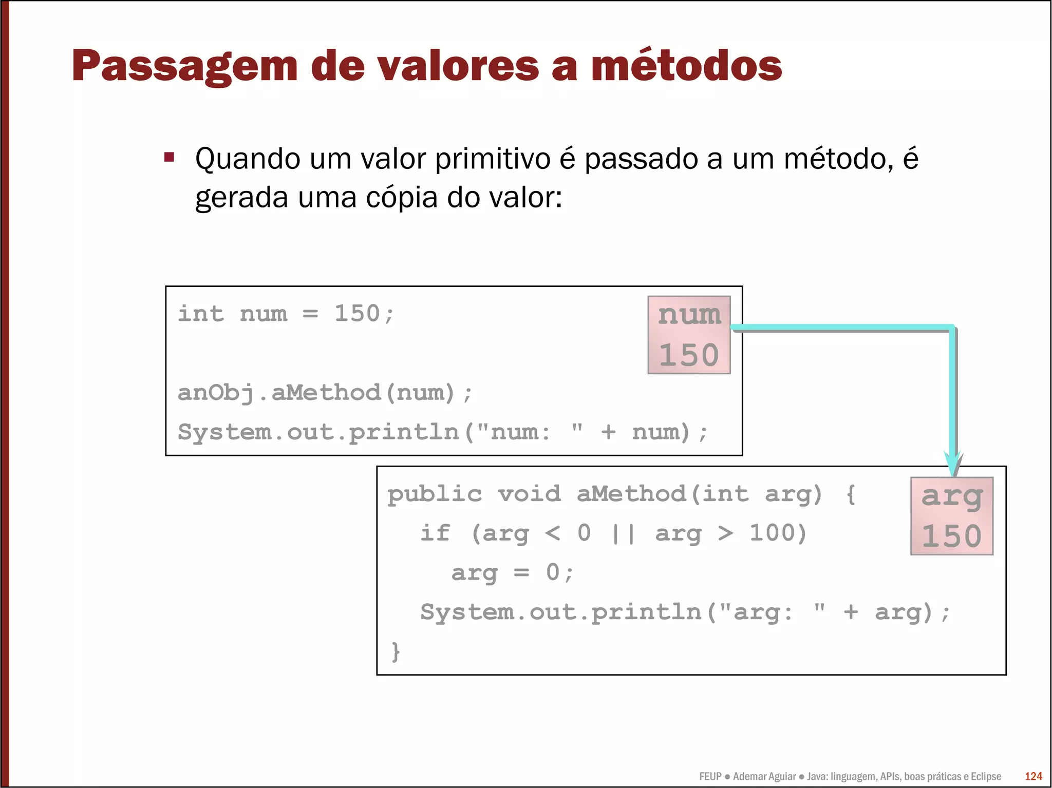 Passagem de valores a métodos
     Quando um valor primitivo é passado a um método, é
     gerada uma cópia do valor:


    int num = 150;                  num
                                    150
    anObj.aMethod(num);
    System.out.println("num: " + num);

                  public void aMethod(int arg) {    arg
                    if (arg < 0 || arg > 100)       150
                      arg = 0;
                    System.out.println("arg: " + arg);
                  }



                                       FEUP ● Ademar Aguiar ● Java: linguagem, APIs, boas práticas e Eclipse   124
 