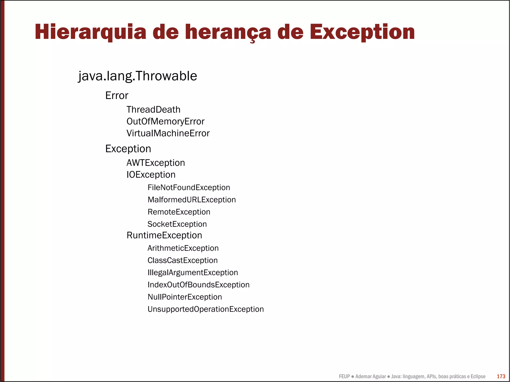 Hierarquia de herança de Exception
   java.lang.Throwable
       Error
           ThreadDeath
           OutOfMemoryError
           VirtualMachineError
       Exception
           AWTException
           IOException
               FileNotFoundException
               MalformedURLException
               RemoteException
               SocketException
           RuntimeException
               ArithmeticException
               ClassCastException
               IllegalArgumentException
               IndexOutOfBoundsException
               NullPointerException
               UnsupportedOperationException




                                               FEUP ● Ademar Aguiar ● Java: linguagem, APIs, boas práticas e Eclipse   173
 