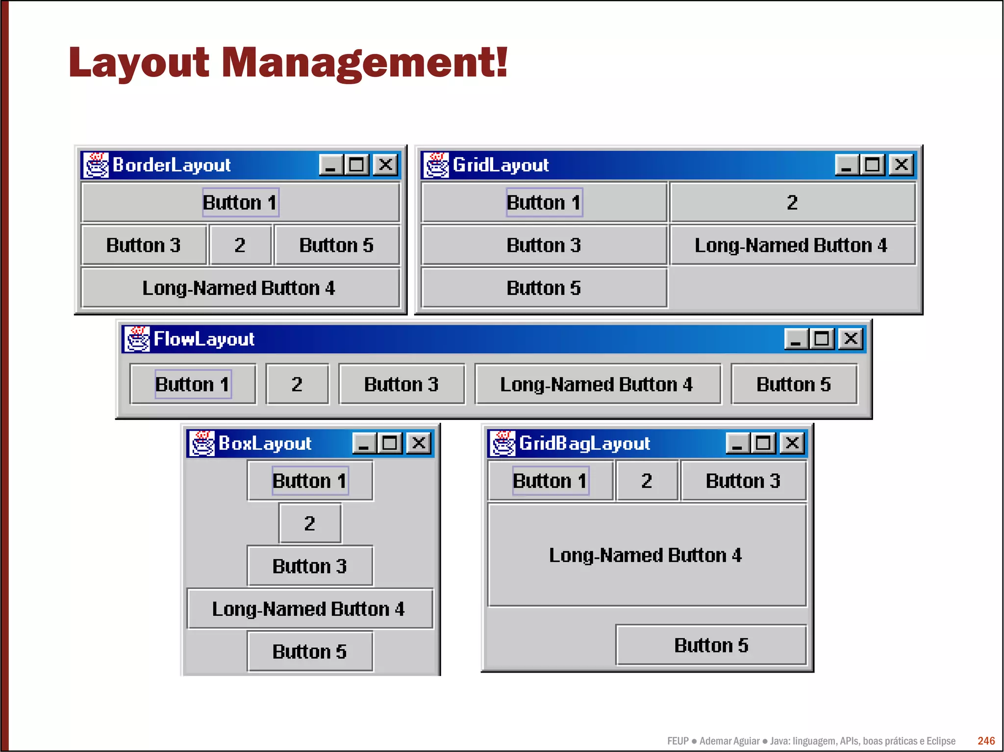 Layout Management!




                     FEUP ● Ademar Aguiar ● Java: linguagem, APIs, boas práticas e Eclipse   246
 