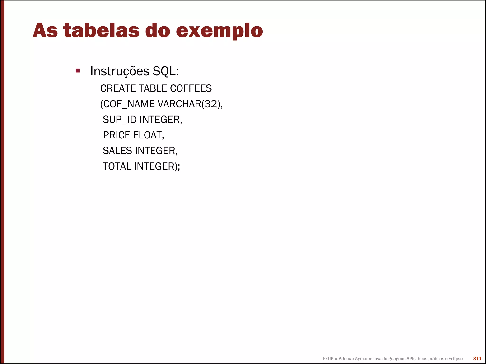 As tabelas do exemplo
     Instruções SQL:
      CREATE TABLE COFFEES
      (COF_NAME VARCHAR(32),
       SUP_ID INTEGER,
       PRICE FLOAT,
       SALES INTEGER,
       TOTAL INTEGER);




                               FEUP ● Ademar Aguiar ● Java: linguagem, APIs, boas práticas e Eclipse   311
 