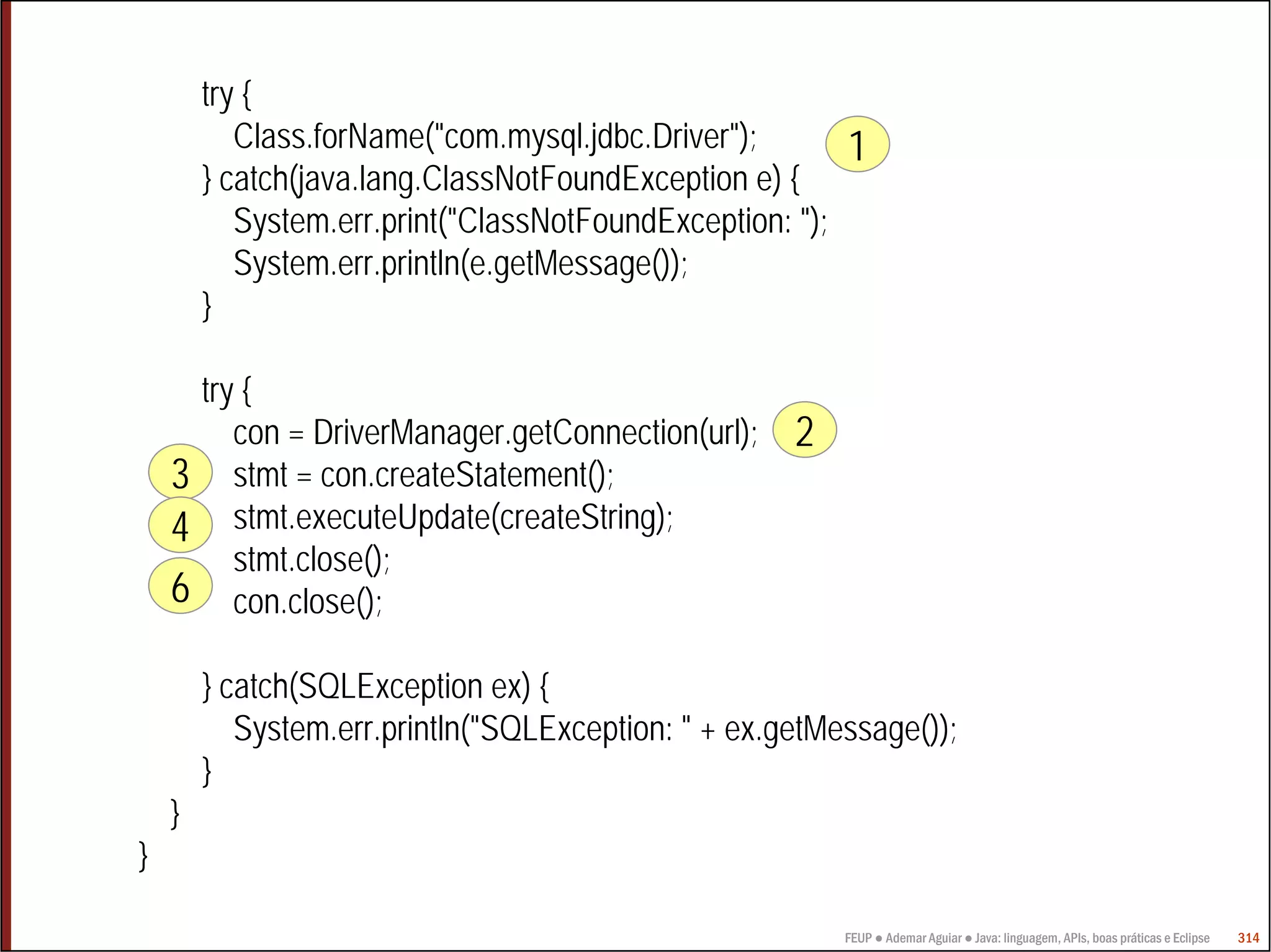 try {
           Class.forName("com.mysql.jdbc.Driver");         1
        } catch(java.lang.ClassNotFoundException e) {
           System.err.print("ClassNotFoundException: ");
           System.err.println(e.getMessage());
        }

        try {
           con = DriverManager.getConnection(url);   2
    3      stmt = con.createStatement();
    4      stmt.executeUpdate(createString);
           stmt.close();
    6      con.close();

        } catch(SQLException ex) {
           System.err.println("SQLException: " + ex.getMessage());
        }
    }
}

                                                           FEUP ● Ademar Aguiar ● Java: linguagem, APIs, boas práticas e Eclipse   314
 