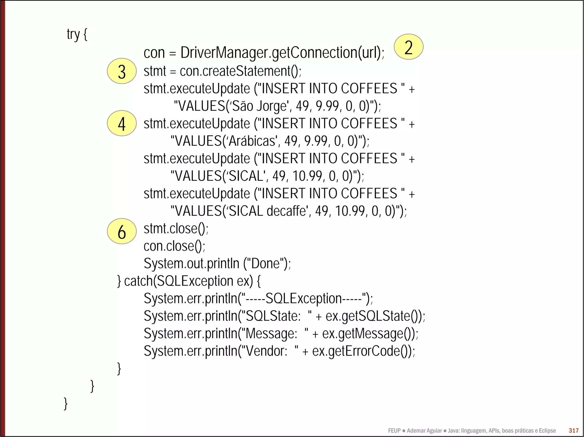 try {
                 con = DriverManager.getConnection(url);            2
            3     stmt = con.createStatement();
                  stmt.executeUpdate ("INSERT INTO COFFEES " +
                        "VALUES(‘São Jorge', 49, 9.99, 0, 0)");
            4 stmt.executeUpdate ("INSERT INTO COFFEES " +
                       "VALUES(‘Arábicas', 49, 9.99, 0, 0)");
                  stmt.executeUpdate ("INSERT INTO COFFEES " +
                       "VALUES(‘SICAL', 49, 10.99, 0, 0)");
                  stmt.executeUpdate ("INSERT INTO COFFEES " +
                       "VALUES(‘SICAL decaffe', 49, 10.99, 0, 0)");
            6 stmt.close();
                  con.close();
                  System.out.println ("Done");
            } catch(SQLException ex) {
                  System.err.println("-----SQLException-----");
                  System.err.println("SQLState: " + ex.getSQLState());
                  System.err.println("Message: " + ex.getMessage());
                  System.err.println("Vendor: " + ex.getErrorCode());
            }
        }
}
                                                              FEUP ● Ademar Aguiar ● Java: linguagem, APIs, boas práticas e Eclipse   317
 