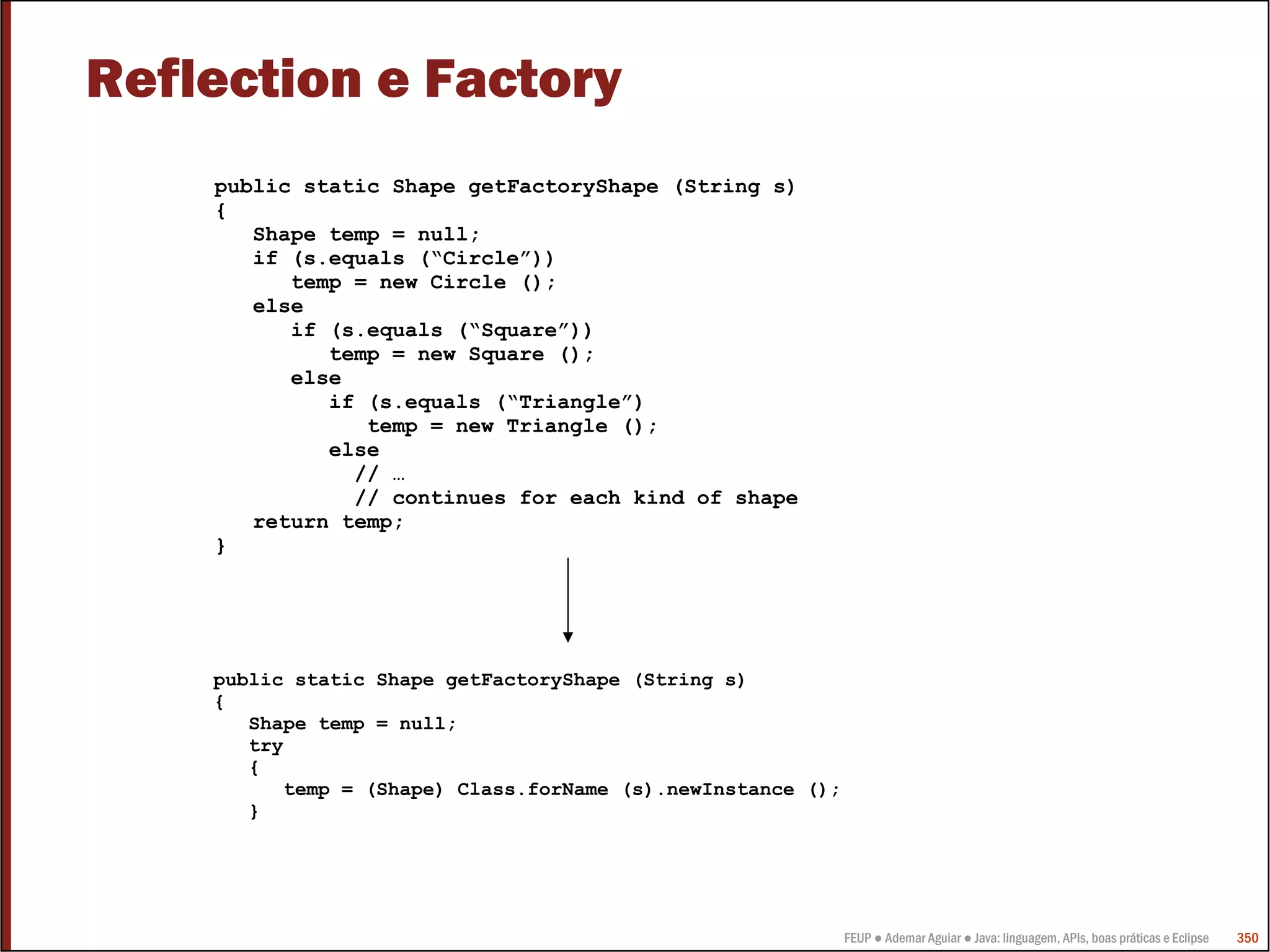 Reflection e Factory
    public static Shape getFactoryShape (String s)
    {
       Shape temp = null;
       if (s.equals (“Circle”))
          temp = new Circle ();
       else
          if (s.equals (“Square”))
             temp = new Square ();
          else
             if (s.equals (“Triangle”)
                temp = new Triangle ();
             else
               // …
               // continues for each kind of shape
       return temp;
    }




    public static Shape getFactoryShape (String s)
    {
       Shape temp = null;
       try
       {
           temp = (Shape) Class.forName (s).newInstance ();
       }
              (           )




                                                              FEUP ● Ademar Aguiar ● Java: linguagem, APIs, boas práticas e Eclipse   350
 