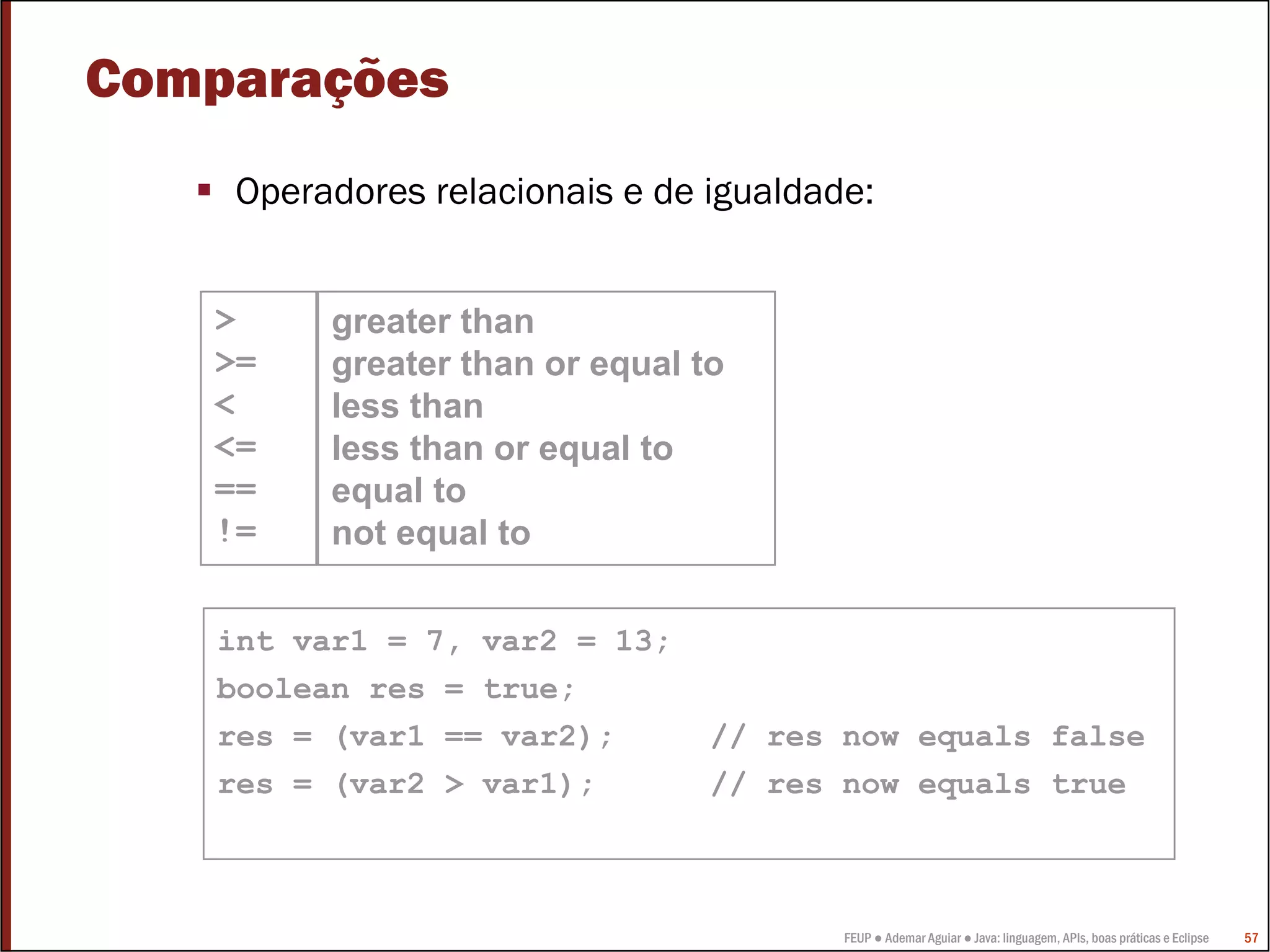 Comparações
    Operadores relacionais e de igualdade:


   >     greater than
   >=    greater than or equal to
   <     less than
   <=    less than or equal to
   ==    equal to
   !=    not equal to


   int var1 = 7, var2 = 13;
   boolean res = true;
   res = (var1 == var2);        // res now equals false
   res = (var2 > var1);         // res now equals true



                                        FEUP ● Ademar Aguiar ● Java: linguagem, APIs, boas práticas e Eclipse   57
 