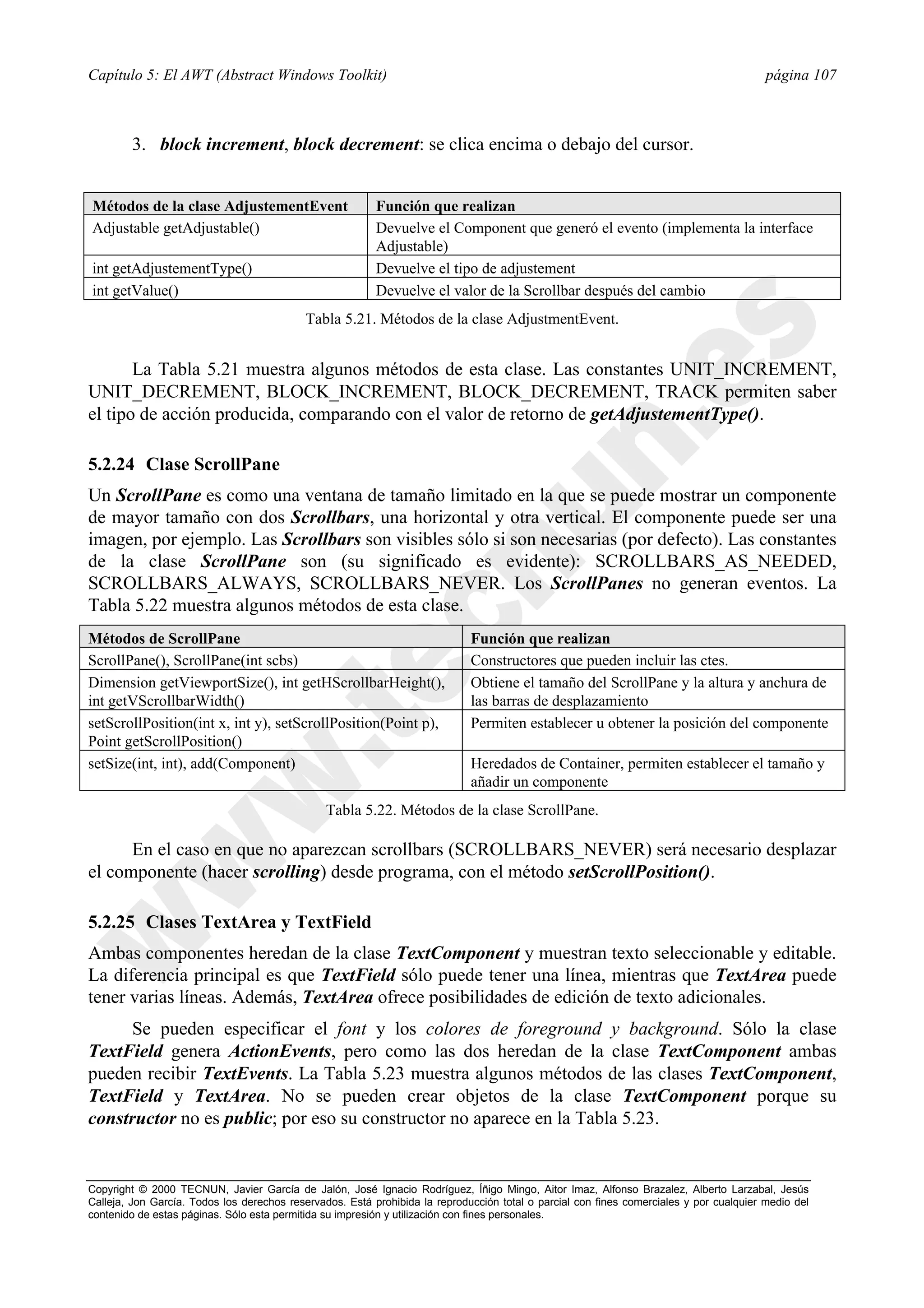 Capítulo 5: El AWT (Abstract Windows Toolkit)                                                                                            página 107



        3. block increment, block decrement: se clica encima o debajo del cursor.


Métodos de la clase AdjustementEvent                      Función que realizan
Adjustable getAdjustable()                                Devuelve el Component que generó el evento (implementa la interface
                                                          Adjustable)
int getAdjustementType()                                  Devuelve el tipo de adjustement
int getValue()                                            Devuelve el valor de la Scrollbar después del cambio
                                            Tabla 5.21. Métodos de la clase AdjustmentEvent.


       La Tabla 5.21 muestra algunos métodos de esta clase. Las constantes UNIT_INCREMENT,
UNIT_DECREMENT, BLOCK_INCREMENT, BLOCK_DECREMENT, TRACK permiten saber
el tipo de acción producida, comparando con el valor de retorno de getAdjustementType().

5.2.24 Clase ScrollPane
Un ScrollPane es como una ventana de tamaño limitado en la que se puede mostrar un componente
de mayor tamaño con dos Scrollbars, una horizontal y otra vertical. El componente puede ser una
imagen, por ejemplo. Las Scrollbars son visibles sólo si son necesarias (por defecto). Las constantes
de la clase ScrollPane son (su significado es evidente): SCROLLBARS_AS_NEEDED,
SCROLLBARS_ALWAYS, SCROLLBARS_NEVER. Los ScrollPanes no generan eventos. La
Tabla 5.22 muestra algunos métodos de esta clase.
Métodos de ScrollPane                                                        Función que realizan
ScrollPane(), ScrollPane(int scbs)                                           Constructores que pueden incluir las ctes.
Dimension getViewportSize(), int getHScrollbarHeight(),                      Obtiene el tamaño del ScrollPane y la altura y anchura de
int getVScrollbarWidth()                                                     las barras de desplazamiento
setScrollPosition(int x, int y), setScrollPosition(Point p),                 Permiten establecer u obtener la posición del componente
Point getScrollPosition()
setSize(int, int), add(Component)                                            Heredados de Container, permiten establecer el tamaño y
                                                                             añadir un componente
                                                Tabla 5.22. Métodos de la clase ScrollPane.

      En el caso en que no aparezcan scrollbars (SCROLLBARS_NEVER) será necesario desplazar
el componente (hacer scrolling) desde programa, con el método setScrollPosition().

5.2.25 Clases TextArea y TextField
Ambas componentes heredan de la clase TextComponent y muestran texto seleccionable y editable.
La diferencia principal es que TextField sólo puede tener una línea, mientras que TextArea puede
tener varias líneas. Además, TextArea ofrece posibilidades de edición de texto adicionales.
     Se pueden especificar el font y los colores de foreground y background. Sólo la clase
TextField genera ActionEvents, pero como las dos heredan de la clase TextComponent ambas
pueden recibir TextEvents. La Tabla 5.23 muestra algunos métodos de las clases TextComponent,
TextField y TextArea. No se pueden crear objetos de la clase TextComponent porque su
constructor no es public; por eso su constructor no aparece en la Tabla 5.23.


Copyright © 2000 TECNUN, Javier García de Jalón, José Ignacio Rodríguez, Íñigo Mingo, Aitor Imaz, Alfonso Brazalez, Alberto Larzabal, Jesús
Calleja, Jon García. Todos los derechos reservados. Está prohibida la reproducción total o parcial con fines comerciales y por cualquier medio del
contenido de estas páginas. Sólo esta permitida su impresión y utilización con fines personales.
 