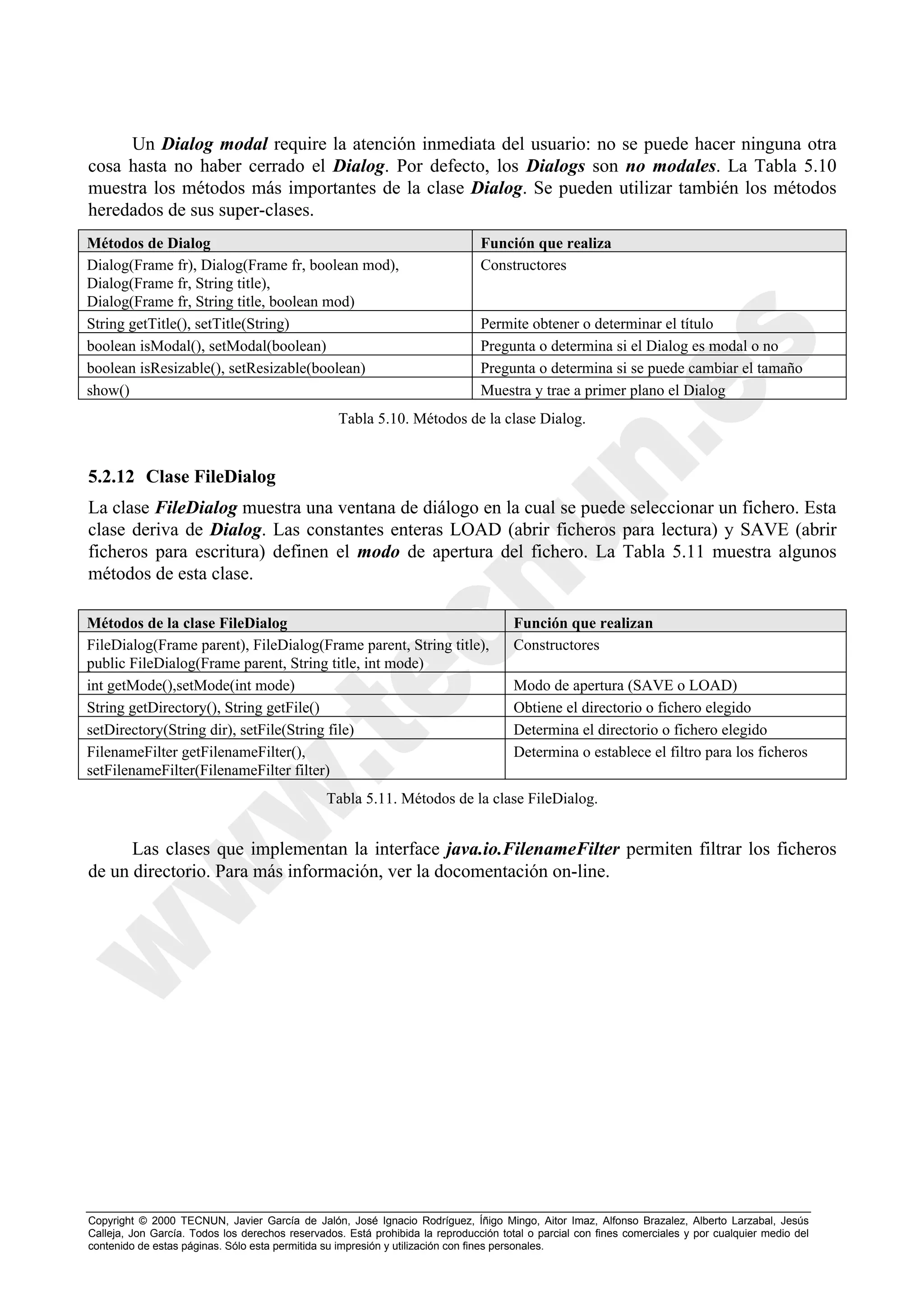 Un Dialog modal require la atención inmediata del usuario: no se puede hacer ninguna otra
cosa hasta no haber cerrado el Dialog. Por defecto, los Dialogs son no modales. La Tabla 5.10
muestra los métodos más importantes de la clase Dialog. Se pueden utilizar también los métodos
heredados de sus super-clases.
Métodos de Dialog                                                              Función que realiza
Dialog(Frame fr), Dialog(Frame fr, boolean mod),                               Constructores
Dialog(Frame fr, String title),
Dialog(Frame fr, String title, boolean mod)
String getTitle(), setTitle(String)                                            Permite obtener o determinar el título
boolean isModal(), setModal(boolean)                                           Pregunta o determina si el Dialog es modal o no
boolean isResizable(), setResizable(boolean)                                   Pregunta o determina si se puede cambiar el tamaño
show()                                                                         Muestra y trae a primer plano el Dialog
                                                  Tabla 5.10. Métodos de la clase Dialog.


5.2.12 Clase FileDialog
La clase FileDialog muestra una ventana de diálogo en la cual se puede seleccionar un fichero. Esta
clase deriva de Dialog. Las constantes enteras LOAD (abrir ficheros para lectura) y SAVE (abrir
ficheros para escritura) definen el modo de apertura del fichero. La Tabla 5.11 muestra algunos
métodos de esta clase.

Métodos de la clase FileDialog                                                        Función que realizan
FileDialog(Frame parent), FileDialog(Frame parent, String title),                     Constructores
public FileDialog(Frame parent, String title, int mode)
int getMode(),setMode(int mode)                                                       Modo de apertura (SAVE o LOAD)
String getDirectory(), String getFile()                                               Obtiene el directorio o fichero elegido
setDirectory(String dir), setFile(String file)                                        Determina el directorio o fichero elegido
FilenameFilter getFilenameFilter(),                                                   Determina o establece el filtro para los ficheros
setFilenameFilter(FilenameFilter filter)
                                                Tabla 5.11. Métodos de la clase FileDialog.


      Las clases que implementan la interface java.io.FilenameFilter permiten filtrar los ficheros
de un directorio. Para más información, ver la docomentación on-line.




Copyright © 2000 TECNUN, Javier García de Jalón, José Ignacio Rodríguez, Íñigo Mingo, Aitor Imaz, Alfonso Brazalez, Alberto Larzabal, Jesús
Calleja, Jon García. Todos los derechos reservados. Está prohibida la reproducción total o parcial con fines comerciales y por cualquier medio del
contenido de estas páginas. Sólo esta permitida su impresión y utilización con fines personales.
 