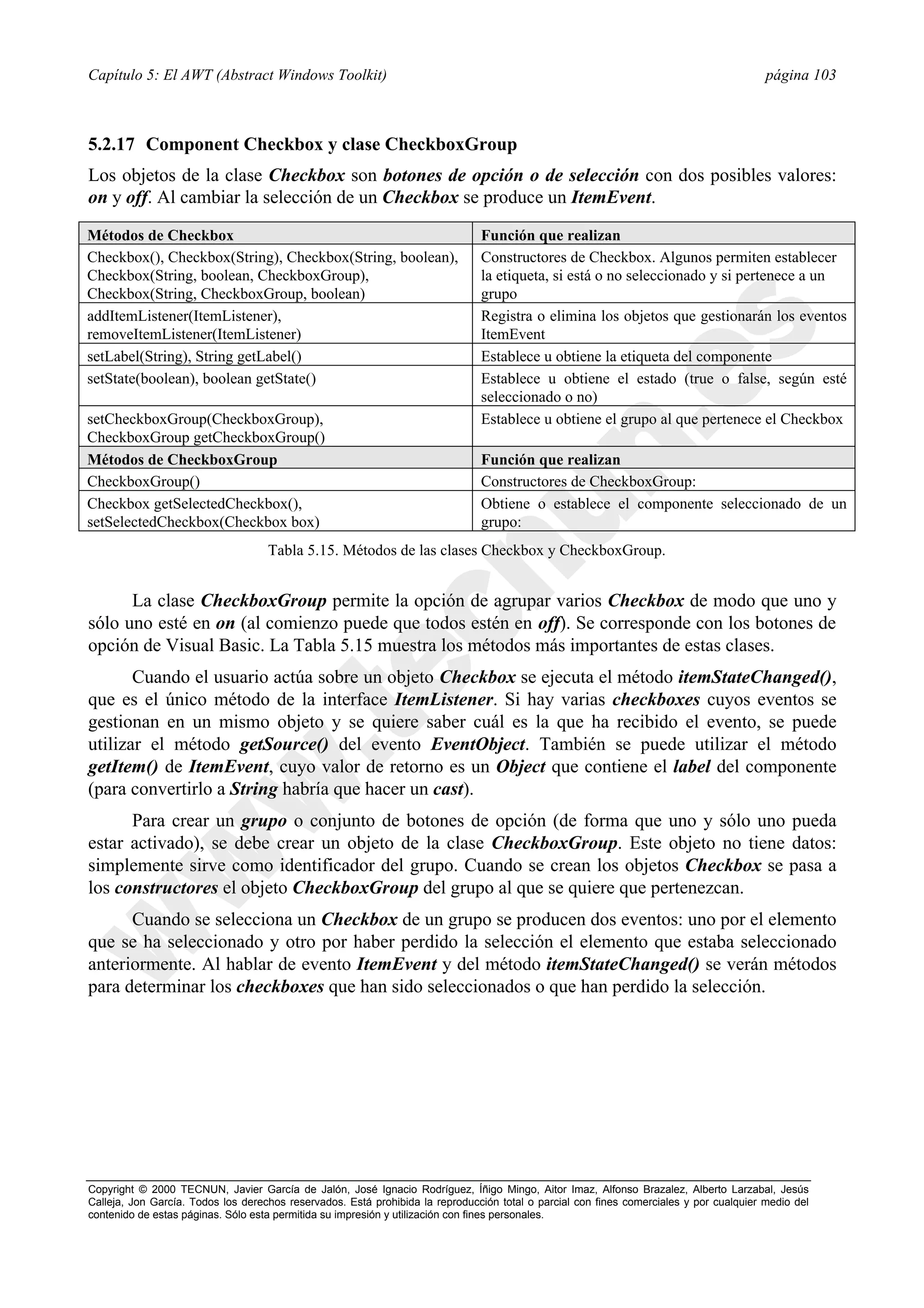Capítulo 5: El AWT (Abstract Windows Toolkit)                                                                                            página 103



5.2.17 Component Checkbox y clase CheckboxGroup
Los objetos de la clase Checkbox son botones de opción o de selección con dos posibles valores:
on y off. Al cambiar la selección de un Checkbox se produce un ItemEvent.

Métodos de Checkbox                                                            Función que realizan
Checkbox(), Checkbox(String), Checkbox(String, boolean),                       Constructores de Checkbox. Algunos permiten establecer
Checkbox(String, boolean, CheckboxGroup),                                      la etiqueta, si está o no seleccionado y si pertenece a un
Checkbox(String, CheckboxGroup, boolean)                                       grupo
addItemListener(ItemListener),                                                 Registra o elimina los objetos que gestionarán los eventos
removeItemListener(ItemListener)                                               ItemEvent
setLabel(String), String getLabel()                                            Establece u obtiene la etiqueta del componente
setState(boolean), boolean getState()                                          Establece u obtiene el estado (true o false, según esté
                                                                               seleccionado o no)
setCheckboxGroup(CheckboxGroup),                                               Establece u obtiene el grupo al que pertenece el Checkbox
CheckboxGroup getCheckboxGroup()
Métodos de CheckboxGroup                                                       Función que realizan
CheckboxGroup()                                                                Constructores de CheckboxGroup:
Checkbox getSelectedCheckbox(),                                                Obtiene o establece el componente seleccionado de un
setSelectedCheckbox(Checkbox box)                                              grupo:
                                    Tabla 5.15. Métodos de las clases Checkbox y CheckboxGroup.


      La clase CheckboxGroup permite la opción de agrupar varios Checkbox de modo que uno y
sólo uno esté en on (al comienzo puede que todos estén en off). Se corresponde con los botones de
opción de Visual Basic. La Tabla 5.15 muestra los métodos más importantes de estas clases.
       Cuando el usuario actúa sobre un objeto Checkbox se ejecuta el método itemStateChanged(),
que es el único método de la interface ItemListener. Si hay varias checkboxes cuyos eventos se
gestionan en un mismo objeto y se quiere saber cuál es la que ha recibido el evento, se puede
utilizar el método getSource() del evento EventObject. También se puede utilizar el método
getItem() de ItemEvent, cuyo valor de retorno es un Object que contiene el label del componente
(para convertirlo a String habría que hacer un cast).
      Para crear un grupo o conjunto de botones de opción (de forma que uno y sólo uno pueda
estar activado), se debe crear un objeto de la clase CheckboxGroup. Este objeto no tiene datos:
simplemente sirve como identificador del grupo. Cuando se crean los objetos Checkbox se pasa a
los constructores el objeto CheckboxGroup del grupo al que se quiere que pertenezcan.
      Cuando se selecciona un Checkbox de un grupo se producen dos eventos: uno por el elemento
que se ha seleccionado y otro por haber perdido la selección el elemento que estaba seleccionado
anteriormente. Al hablar de evento ItemEvent y del método itemStateChanged() se verán métodos
para determinar los checkboxes que han sido seleccionados o que han perdido la selección.




Copyright © 2000 TECNUN, Javier García de Jalón, José Ignacio Rodríguez, Íñigo Mingo, Aitor Imaz, Alfonso Brazalez, Alberto Larzabal, Jesús
Calleja, Jon García. Todos los derechos reservados. Está prohibida la reproducción total o parcial con fines comerciales y por cualquier medio del
contenido de estas páginas. Sólo esta permitida su impresión y utilización con fines personales.
 