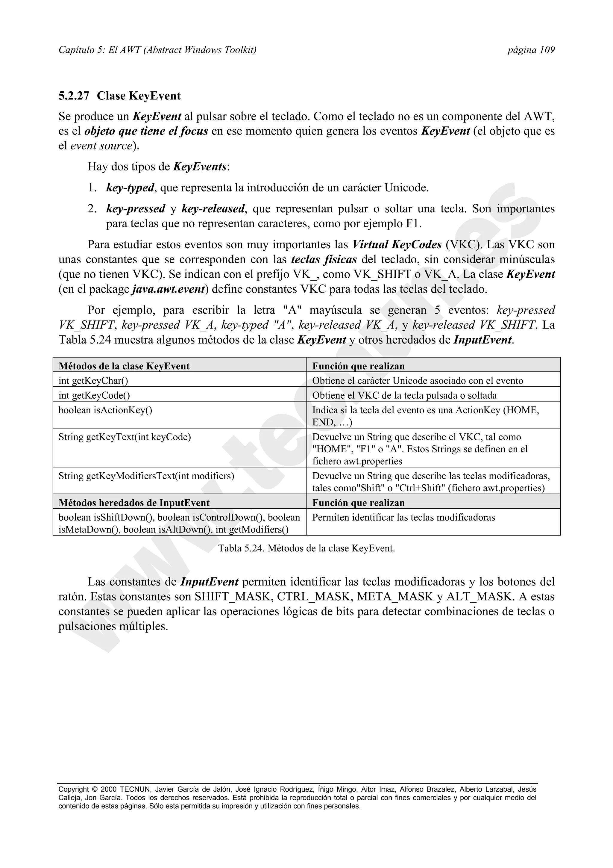 Capítulo 5: El AWT (Abstract Windows Toolkit)                                                                                            página 109



5.2.27 Clase KeyEvent
Se produce un KeyEvent al pulsar sobre el teclado. Como el teclado no es un componente del AWT,
es el objeto que tiene el focus en ese momento quien genera los eventos KeyEvent (el objeto que es
el event source).
        Hay dos tipos de KeyEvents:
        1. key-typed, que representa la introducción de un carácter Unicode.
        2. key-pressed y key-released, que representan pulsar o soltar una tecla. Son importantes
           para teclas que no representan caracteres, como por ejemplo F1.
      Para estudiar estos eventos son muy importantes las Virtual KeyCodes (VKC). Las VKC son
unas constantes que se corresponden con las teclas físicas del teclado, sin considerar minúsculas
(que no tienen VKC). Se indican con el prefijo VK_, como VK_SHIFT o VK_A. La clase KeyEvent
(en el package java.awt.event) define constantes VKC para todas las teclas del teclado.
     Por ejemplo, para escribir la letra "A" mayúscula se generan 5 eventos: key-pressed
VK_SHIFT, key-pressed VK_A, key-typed "A", key-released VK_A, y key-released VK_SHIFT. La
Tabla 5.24 muestra algunos métodos de la clase KeyEvent y otros heredados de InputEvent.

Métodos de la clase KeyEvent                                                 Función que realizan
int getKeyChar()                                                             Obtiene el carácter Unicode asociado con el evento
int getKeyCode()                                                             Obtiene el VKC de la tecla pulsada o soltada
boolean isActionKey()                                                        Indica si la tecla del evento es una ActionKey (HOME,
                                                                             END, …)
String getKeyText(int keyCode)                                               Devuelve un String que describe el VKC, tal como
                                                                             "HOME", "F1" o "A". Estos Strings se definen en el
                                                                             fichero awt.properties
String getKeyModifiersText(int modifiers)                                    Devuelve un String que describe las teclas modificadoras,
                                                                             tales como"Shift" o "Ctrl+Shift" (fichero awt.properties)
Métodos heredados de InputEvent                                              Función que realizan
boolean isShiftDown(), boolean isControlDown(), boolean                      Permiten identificar las teclas modificadoras
isMetaDown(), boolean isAltDown(), int getModifiers()
                                                Tabla 5.24. Métodos de la clase KeyEvent.


      Las constantes de InputEvent permiten identificar las teclas modificadoras y los botones del
ratón. Estas constantes son SHIFT_MASK, CTRL_MASK, META_MASK y ALT_MASK. A estas
constantes se pueden aplicar las operaciones lógicas de bits para detectar combinaciones de teclas o
pulsaciones múltiples.




Copyright © 2000 TECNUN, Javier García de Jalón, José Ignacio Rodríguez, Íñigo Mingo, Aitor Imaz, Alfonso Brazalez, Alberto Larzabal, Jesús
Calleja, Jon García. Todos los derechos reservados. Está prohibida la reproducción total o parcial con fines comerciales y por cualquier medio del
contenido de estas páginas. Sólo esta permitida su impresión y utilización con fines personales.
 