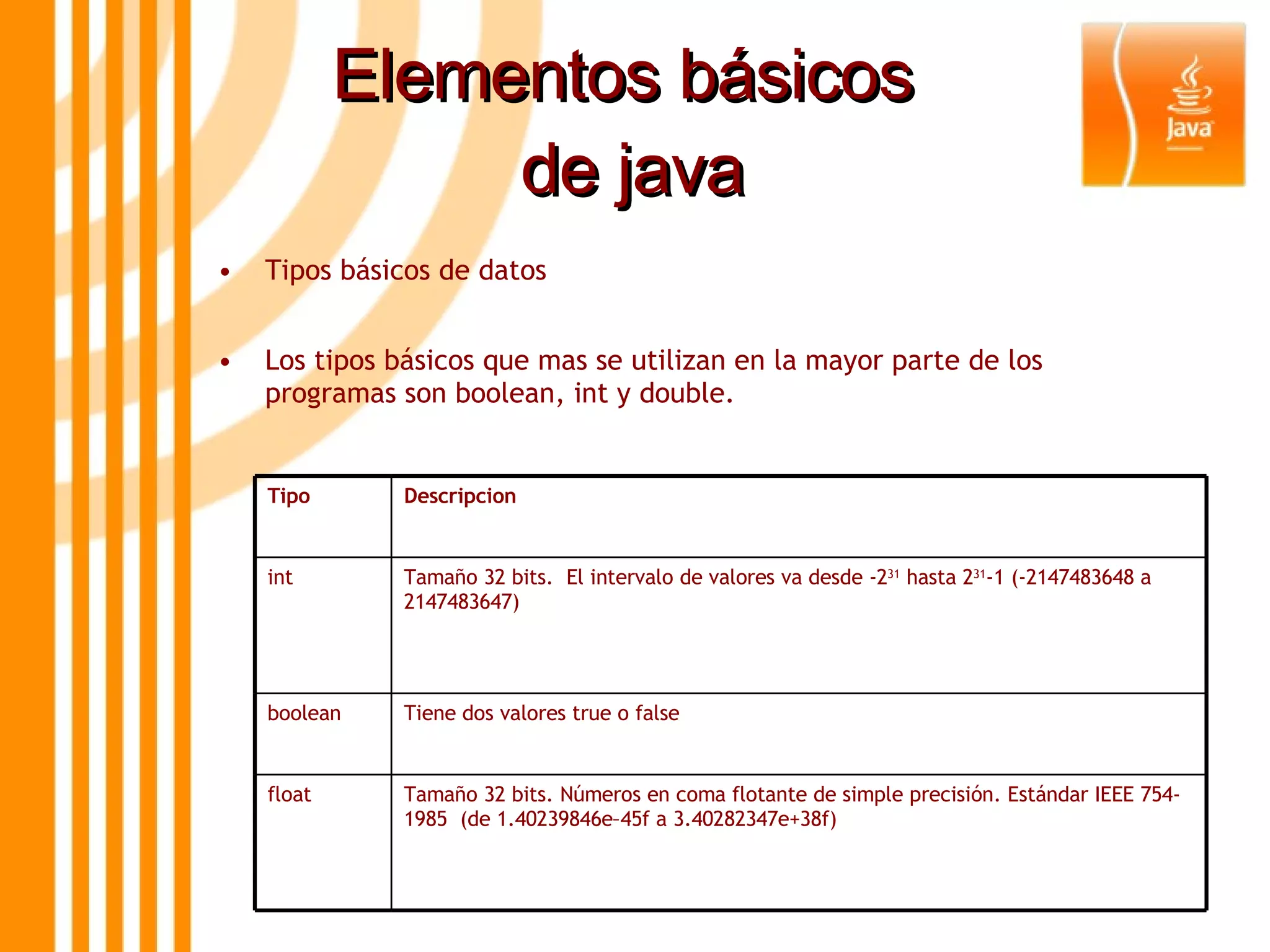 Elementos básicos  de java Tipos básicos de datos Los tipos básicos que mas se utilizan en la mayor parte de los programas son boolean, int y double. Tipo   Descripcion   int  Tamaño 32 bits.  El intervalo de valores va desde -2 31  hasta 2 31 -1 (-2147483648 a 2147483647)  boolean  Tiene dos valores true o false  float  Tamaño 32 bits. Números en coma flotante de simple precisión. Estándar IEEE 754-1985  (de 1.40239846e–45f a 3.40282347e+38f)  