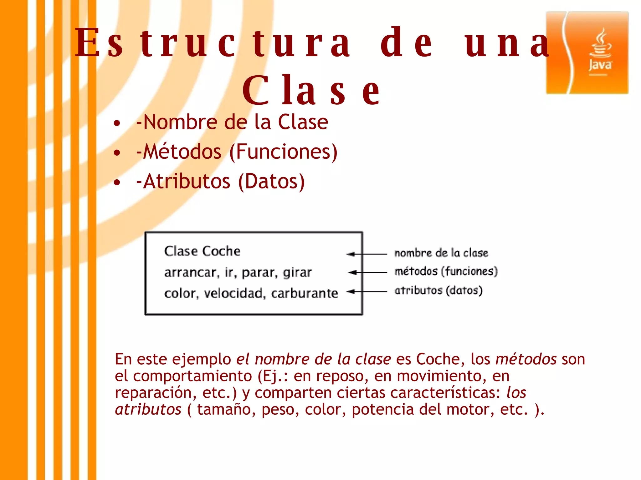 Estructura de una Clase En este ejemplo  el nombre de la clase  es Coche, los  métodos  son el comportamiento (Ej.: en reposo, en movimiento, en reparación, etc.) y comparten ciertas características:  los atributos  ( tamaño, peso, color, potencia del motor, etc. ). -Nombre de la Clase -Métodos (Funciones) -Atributos (Datos) 