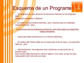 -  Un programa en Java presenta la estructura habitual en los lenguajes OOP (lenguajes orientados a objetos).  El fichero fuente tendrá extensión .java, mientras que el compilado tendrá extensión .class. La estructura de los programas escritos en Java está sujeta a la siguientes reglas principales:   -  Cada clase debe encontrarse en un fichero diferente.  -  El nombre del fichero debe ser el mismo que el de la clase, y la extensión debe ser  .java   -  Adicionalmente, los programas java comienzan su ejecución por la función  main . Esta función debe Pertenecer como es lógico a una clase, ya que en java nada puede estar fuera de una clase.   Esquema de un Programa 